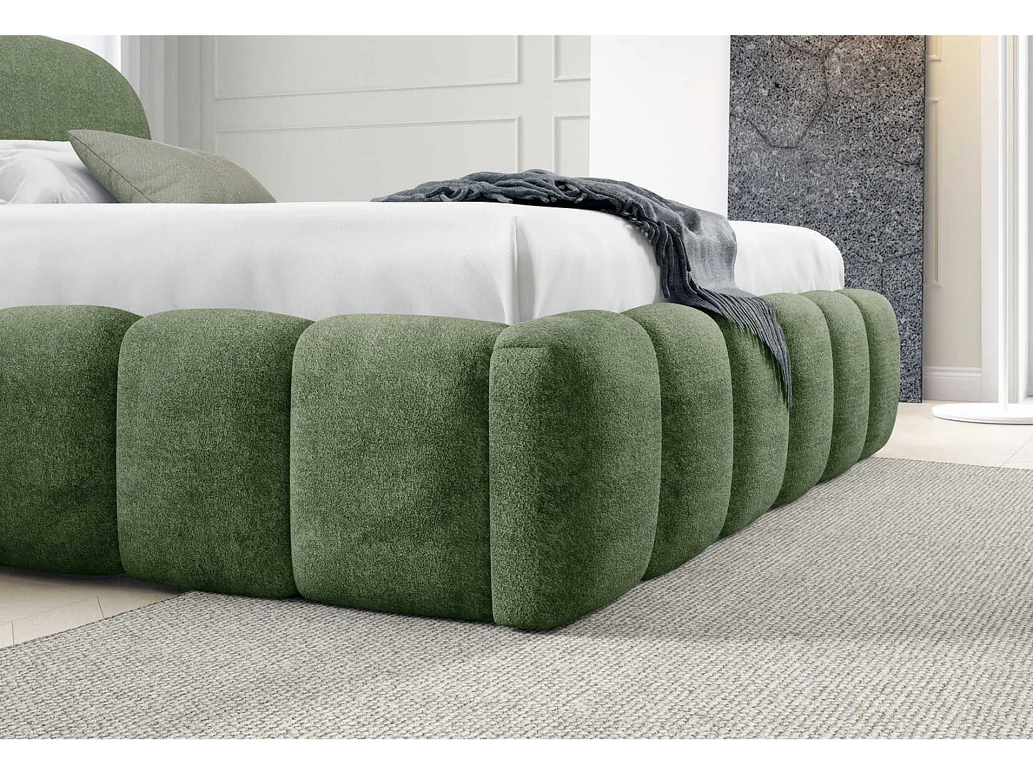 Tweepersoonsbed 200x200 cm Noemi met metalen bedframe, afgerond hoofdbord en opbergruimte, Groen
