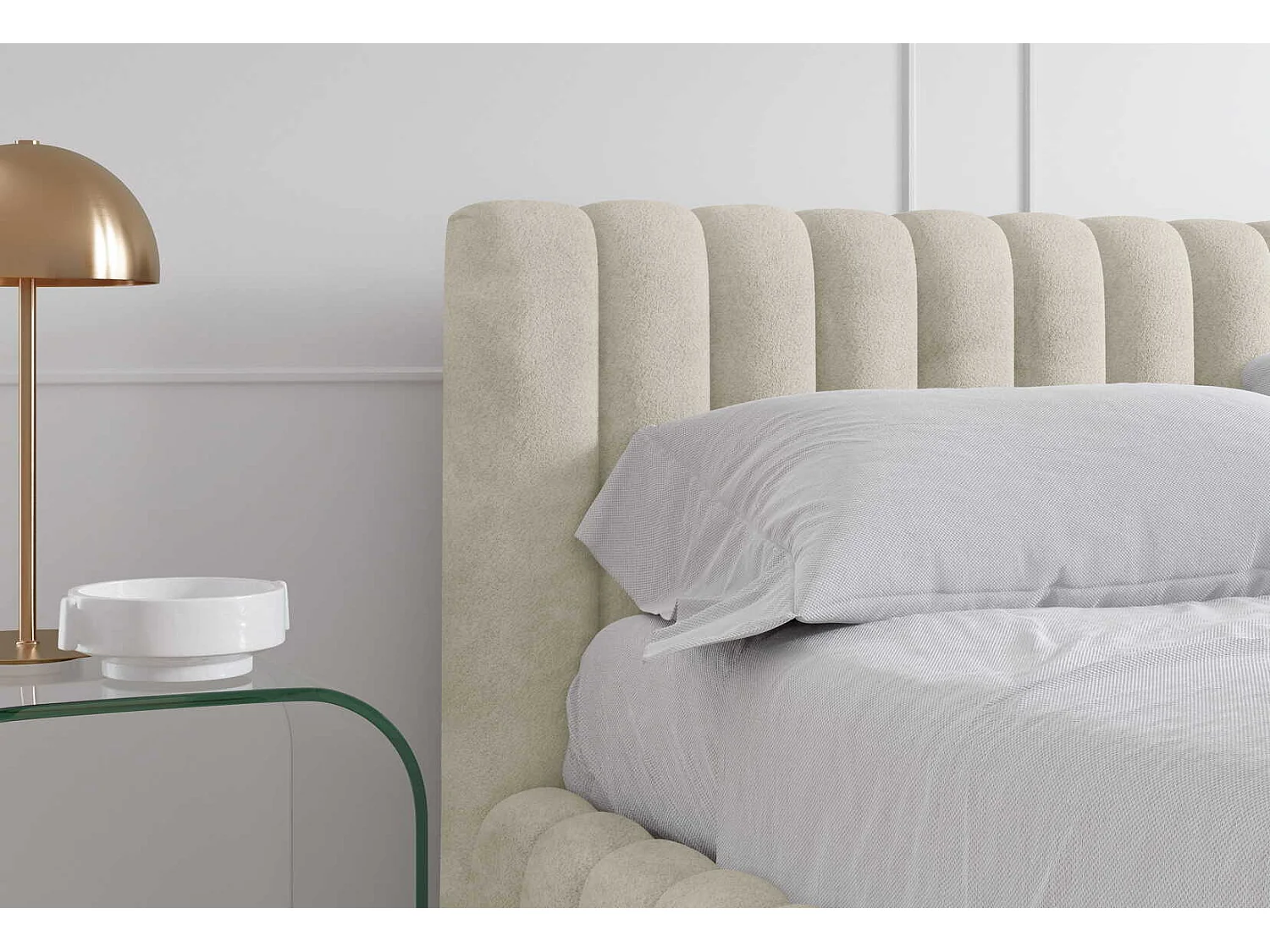 Gestoffeerd bed 140x200 cm in bouclé stof, opbergruimte, metalen bedframe, modern design, Crème