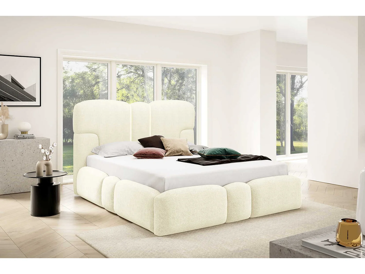 Gestoffeerd bed 200x200 cm Safron met LED, opbergruimte en metalen bedframe, tweepersoonsbed, chenille, Crème