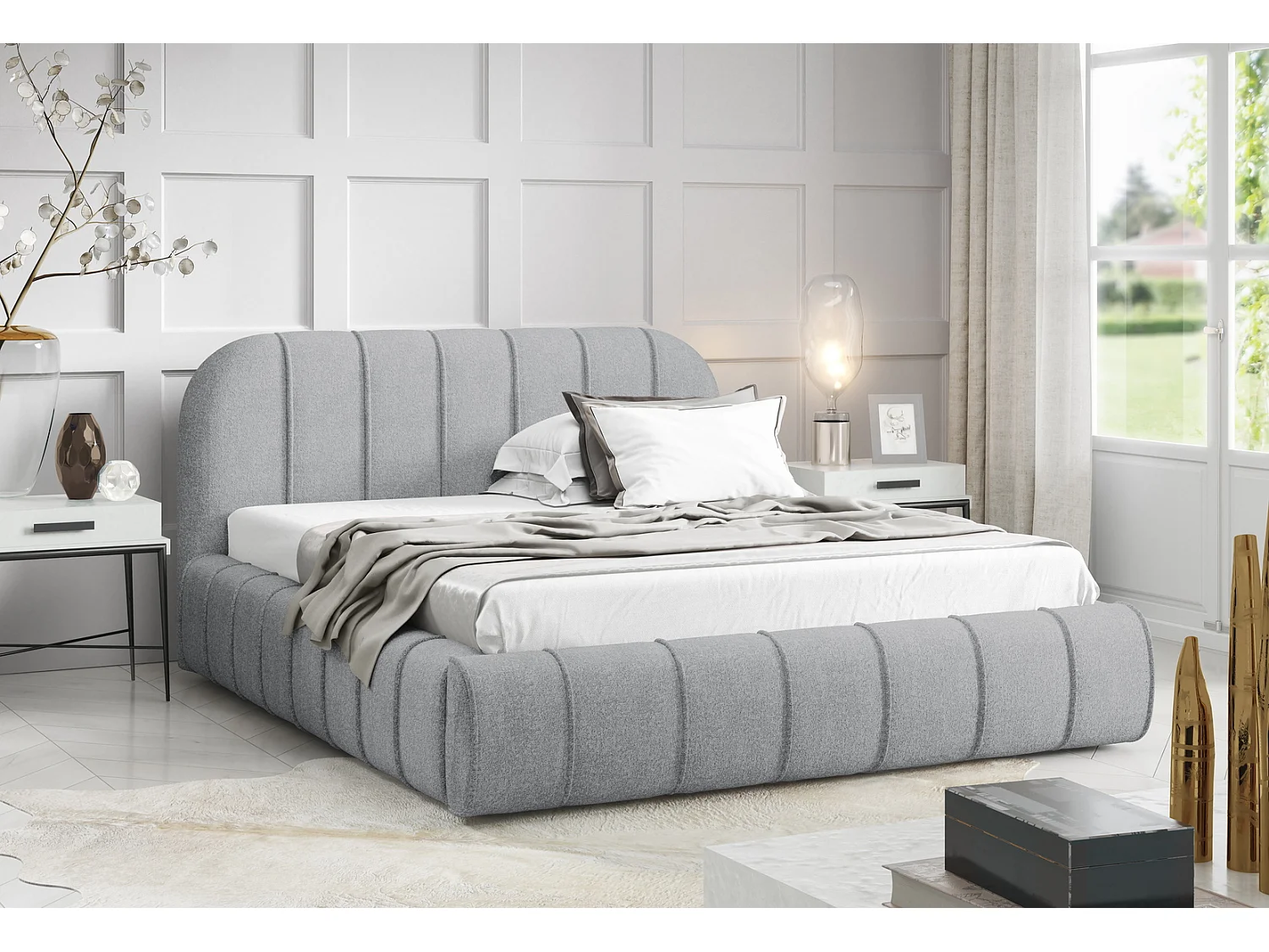 Modern bed 140x200 cm Lunea met afgerond hoofdbord, dik schuim en metalen bedframe, Lichtgrijs