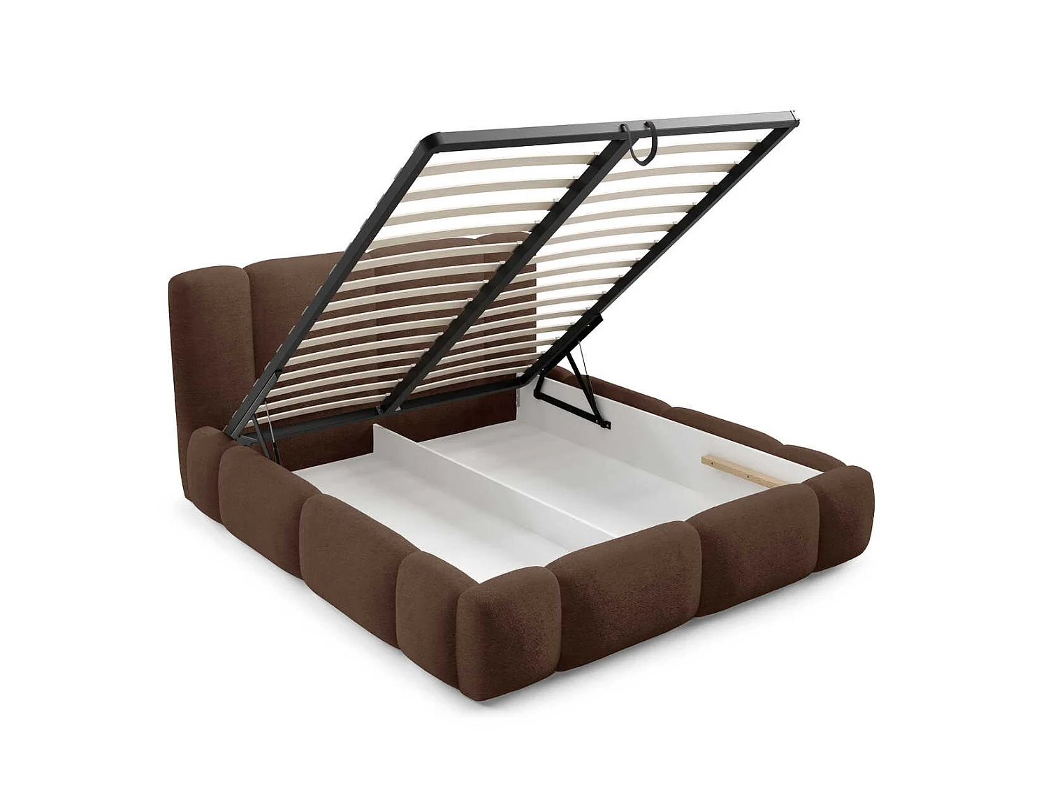 Gestoffeerd wolkenbed 140x200 cm Avelin met LED, metalen bedframe en opbergruimte, Bruin