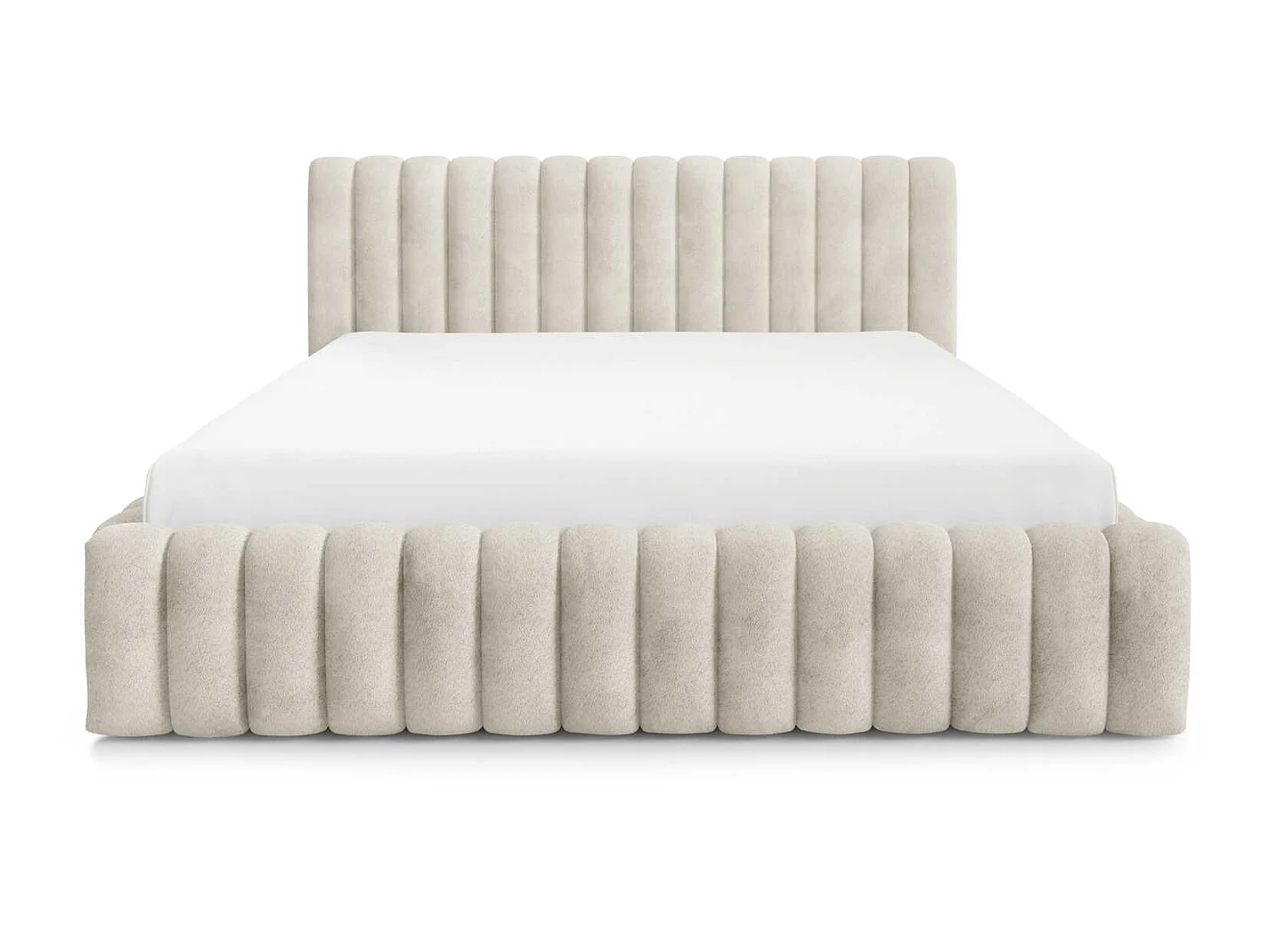 Lit rembourré 200x200 cm en tissu bouclé, coffre de rangement, sommier métallique, design moderne, Crème