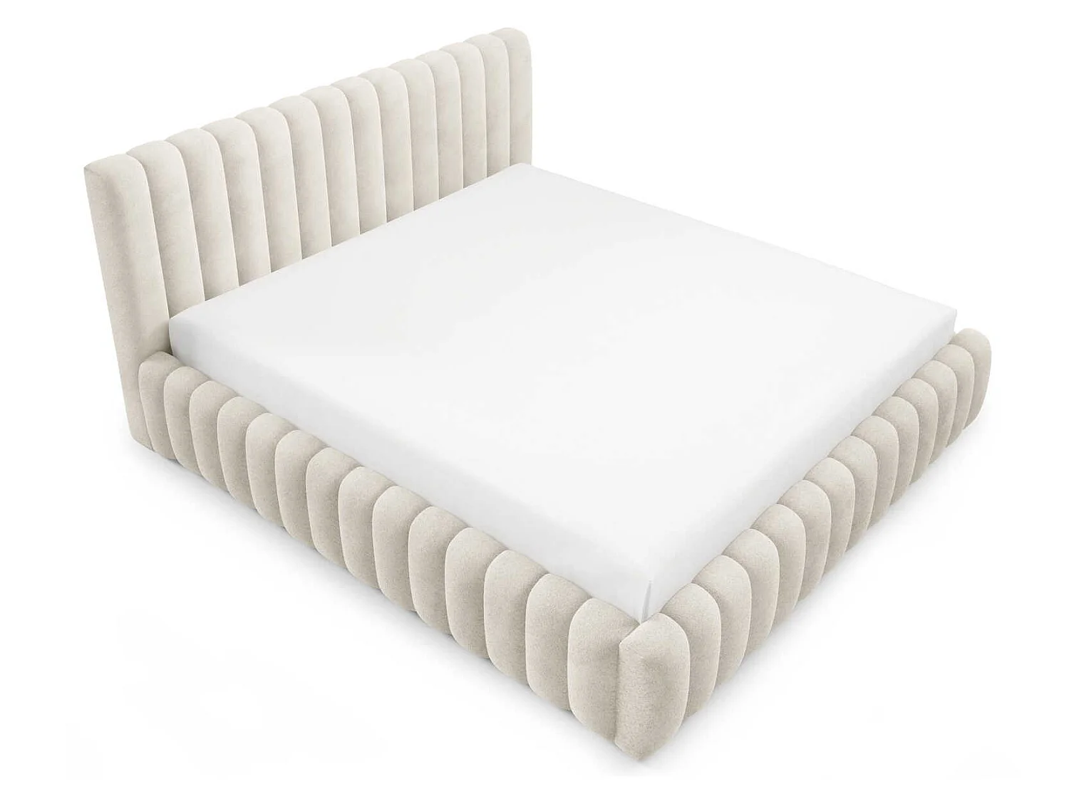 Lit rembourré 200x200 cm en tissu bouclé, coffre de rangement, sommier métallique, design moderne, Crème