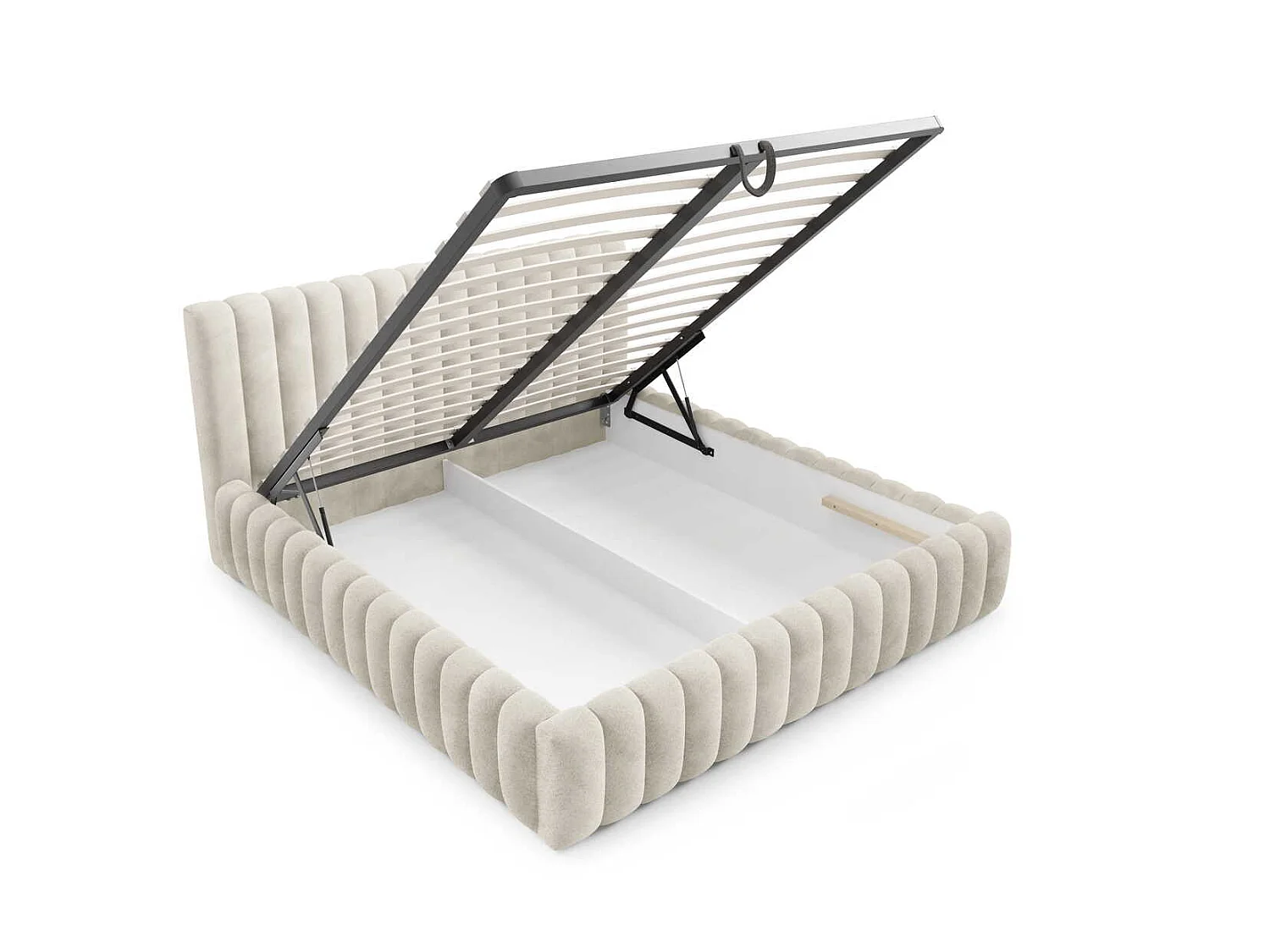 Lit rembourré 200x200 cm en tissu bouclé, coffre de rangement, sommier métallique, design moderne, Crème