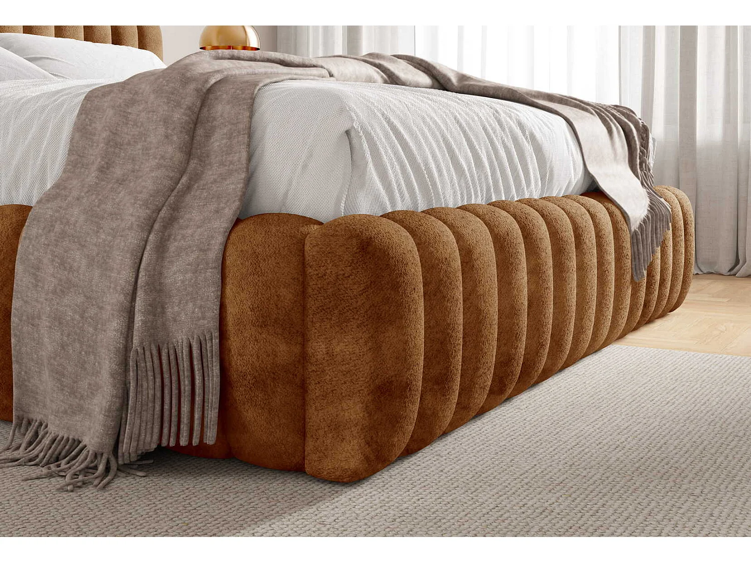 Gestoffeerd bed 200x200 cm in bouclé stof, opbergruimte, metalen bedframe, modern design, Oranje