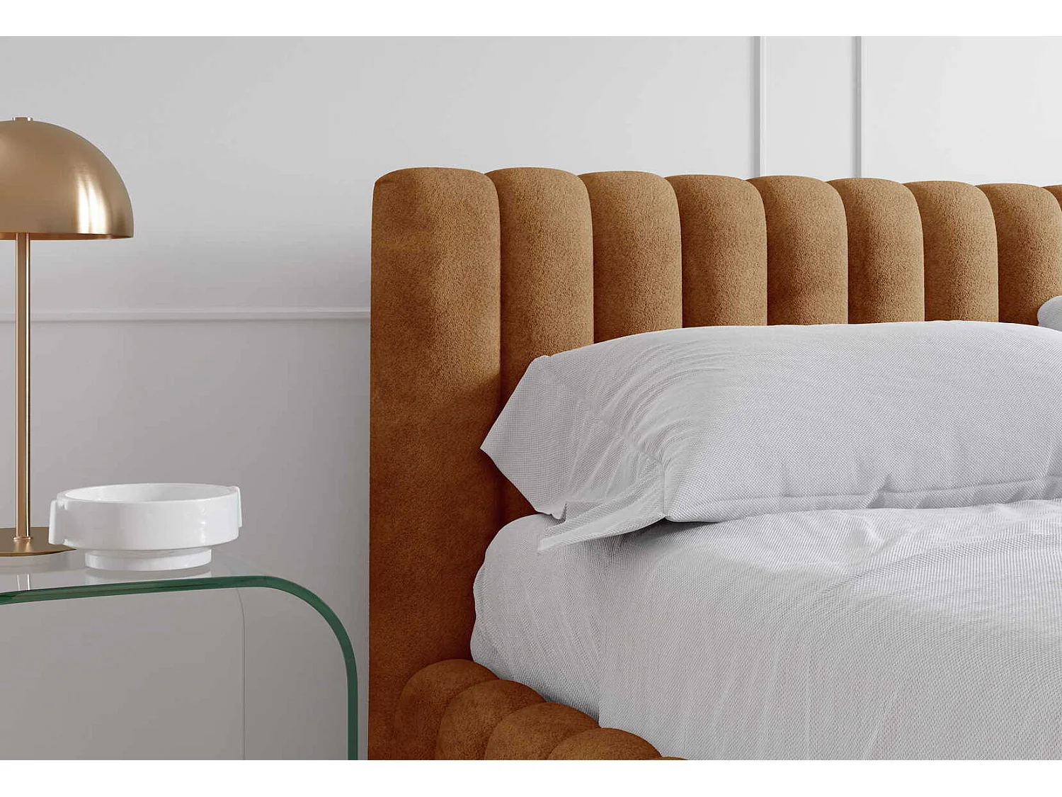 Gestoffeerd bed 200x200 cm in bouclé stof, opbergruimte, metalen bedframe, modern design, Oranje