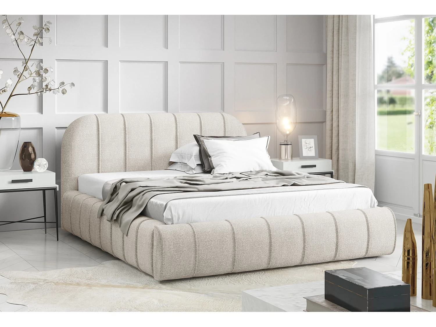 Lit moderne 160x200 cm Lunea avec tête de lit arrondie, mousse épaisse et sommier métallique, Crème