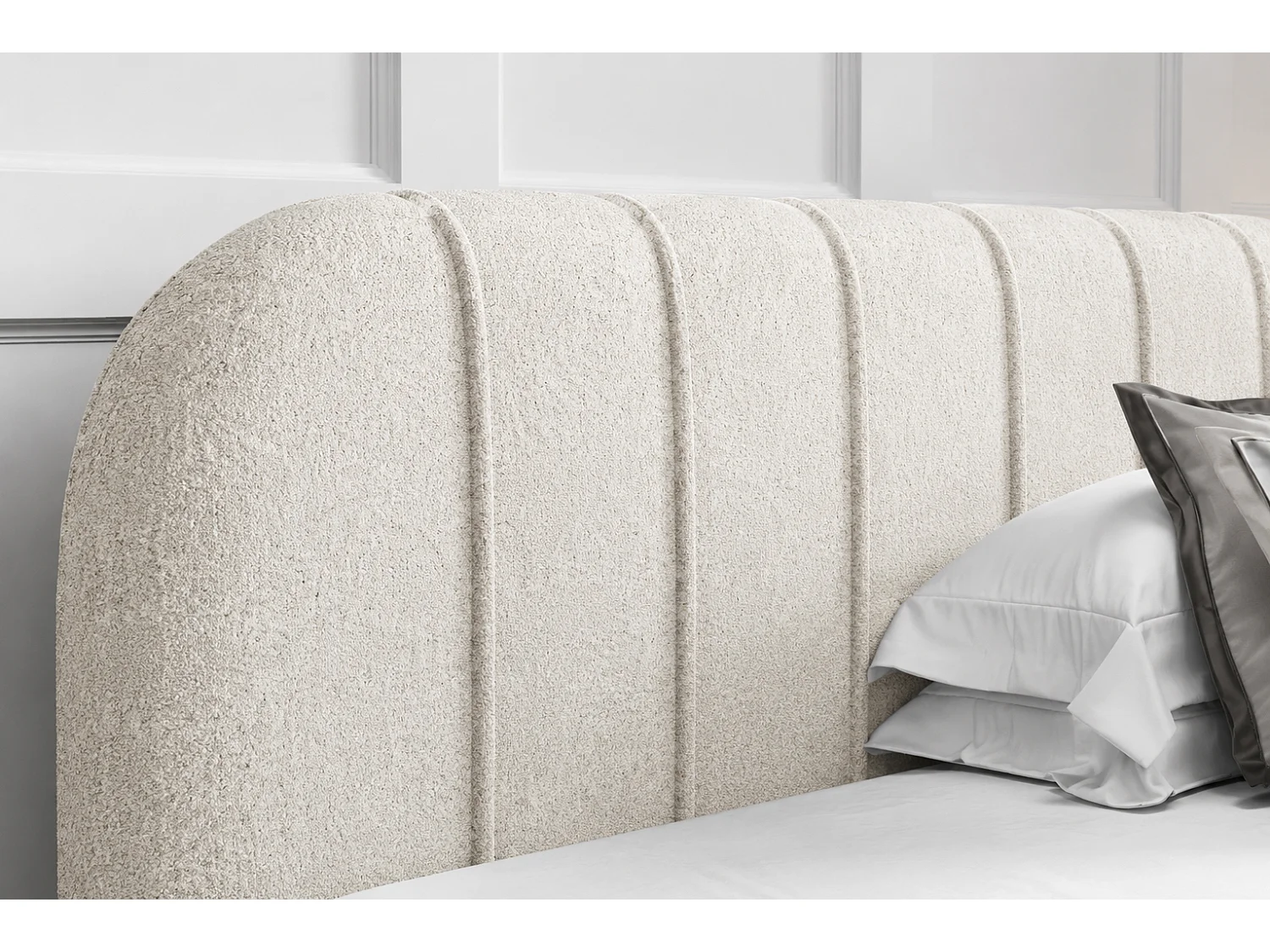 Lit moderne 160x200 cm Lunea avec tête de lit arrondie, mousse épaisse et sommier métallique, Crème