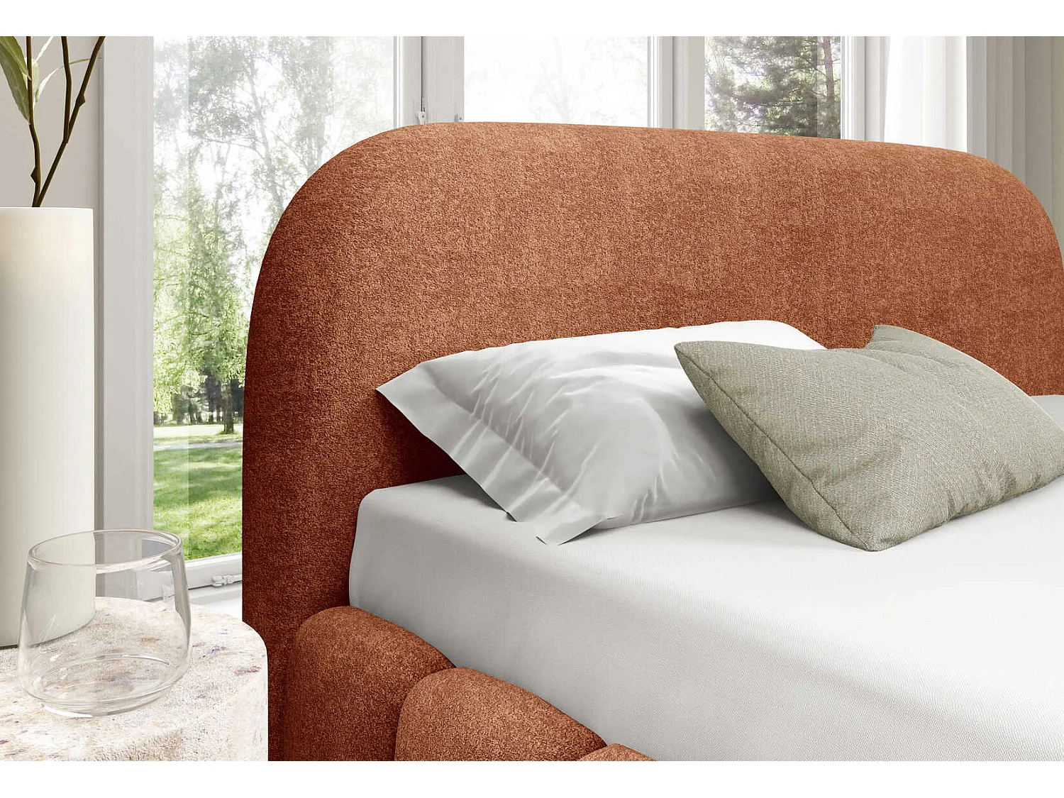 Tweepersoonsbed 140x200 cm Noemi met metalen bedframe, afgerond hoofdbord en opbergruimte, Oranje