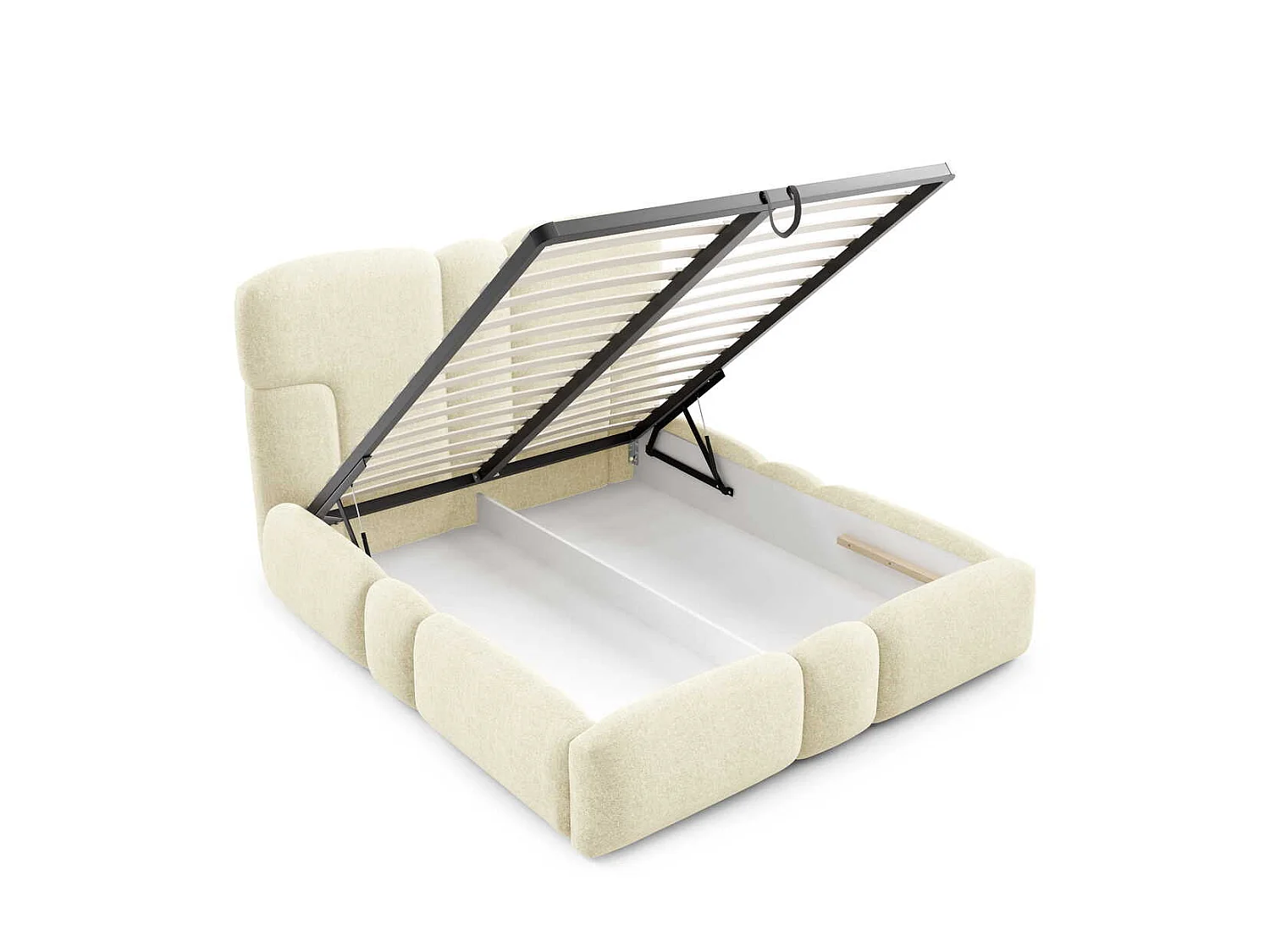 Gestoffeerd bed 180x200 cm Safron met LED, opbergruimte en metalen bedframe, tweepersoonsbed, chenille, Crème