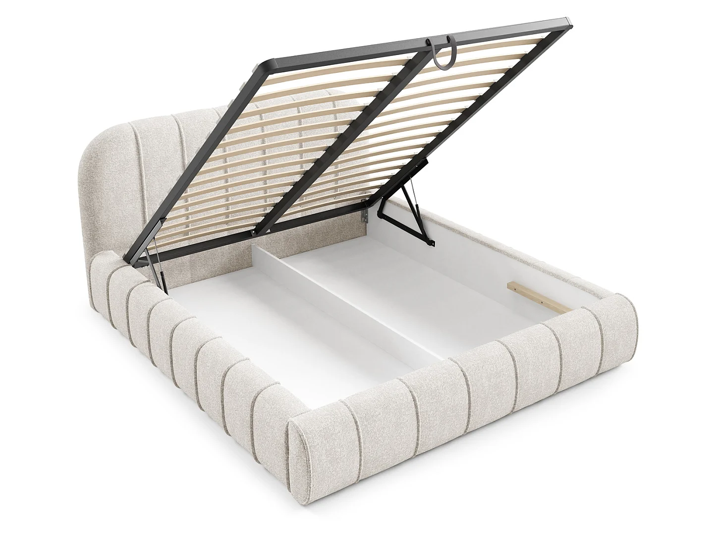 Lit moderne 200x200 cm Lunea avec tête de lit arrondie, mousse épaisse et sommier métallique, Crème