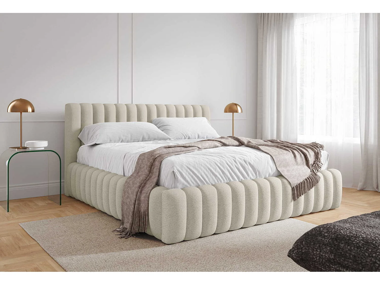 Gestoffeerd bed 160x200 cm in bouclé stof, opbergruimte, metalen bedframe, modern design, Crème