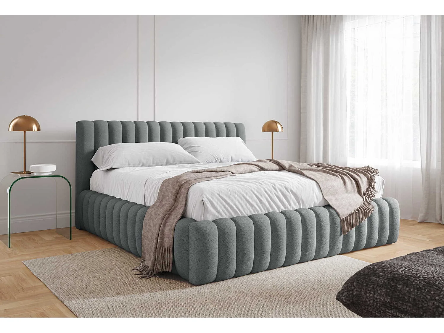 Gestoffeerd bed 200x200 cm in bouclé stof, opbergruimte, metalen bedframe, modern design, Lichtgrijs