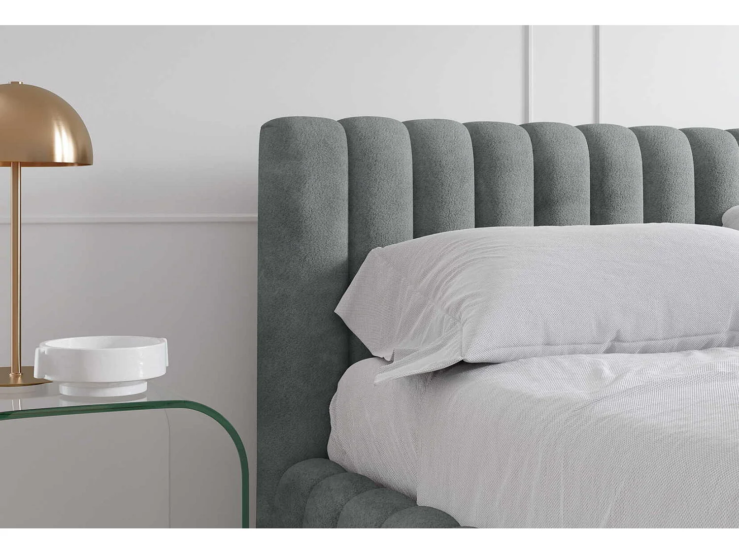 Gestoffeerd bed 200x200 cm in bouclé stof, opbergruimte, metalen bedframe, modern design, Lichtgrijs