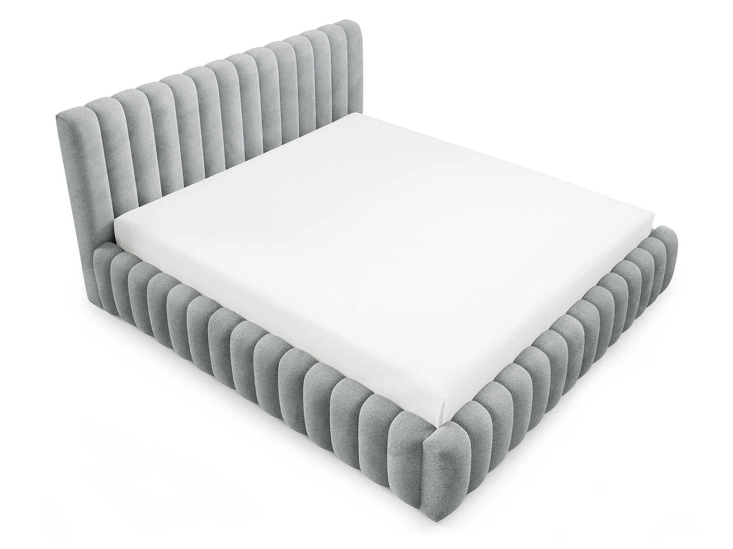 Gestoffeerd bed 200x200 cm in bouclé stof, opbergruimte, metalen bedframe, modern design, Lichtgrijs