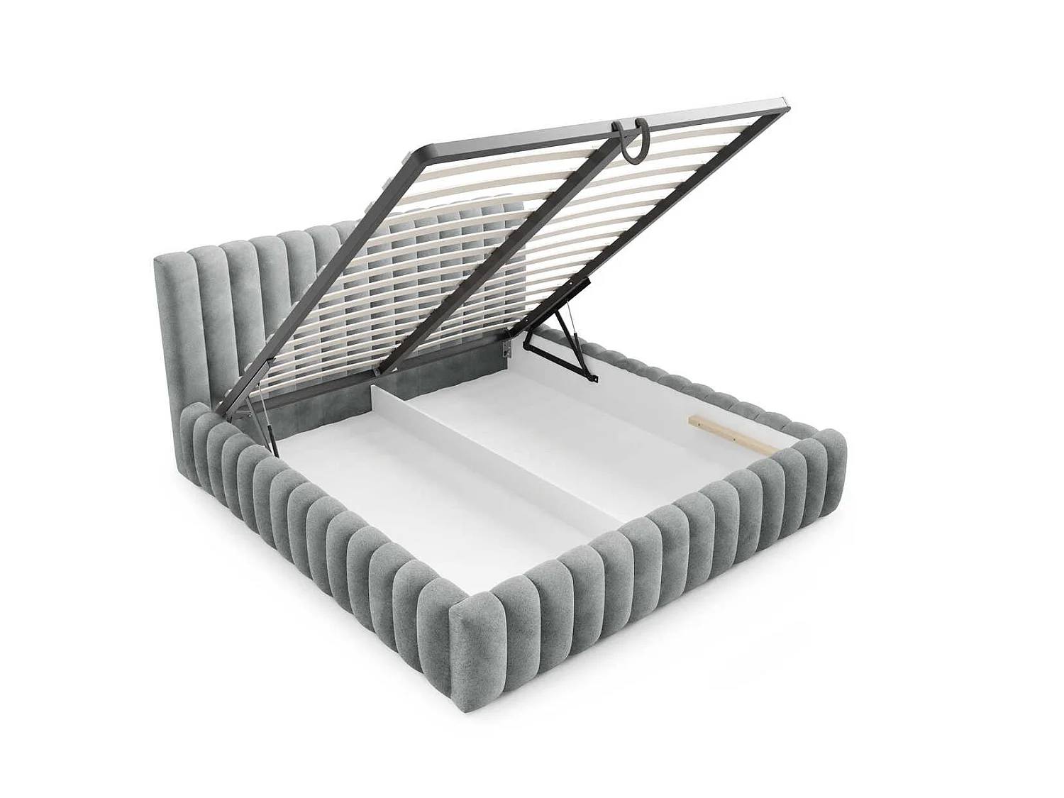 Gestoffeerd bed 200x200 cm in bouclé stof, opbergruimte, metalen bedframe, modern design, Lichtgrijs