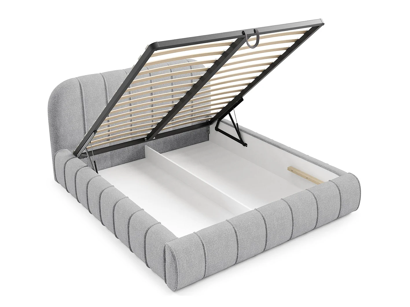 Modern bed 200x200 cm Lunea met afgerond hoofdbord, dik schuim en metalen bedframe, Lichtgrijs