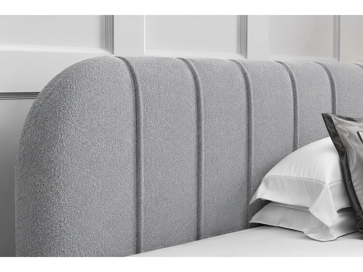 Modern bed 200x200 cm Lunea met afgerond hoofdbord, dik schuim en metalen bedframe, Lichtgrijs
