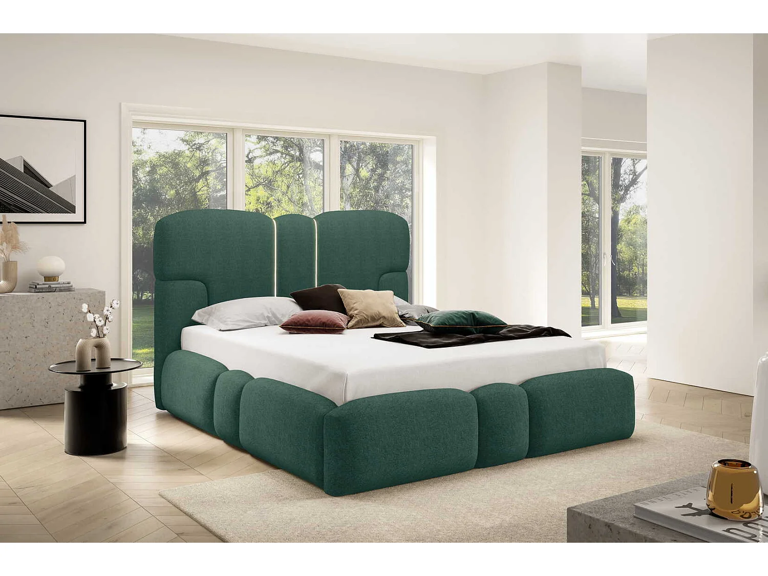 Lit rembourré 200x200 cm Safron avec LED, coffre de rangement et sommier métallique, lit double, tissu chenille, Vert