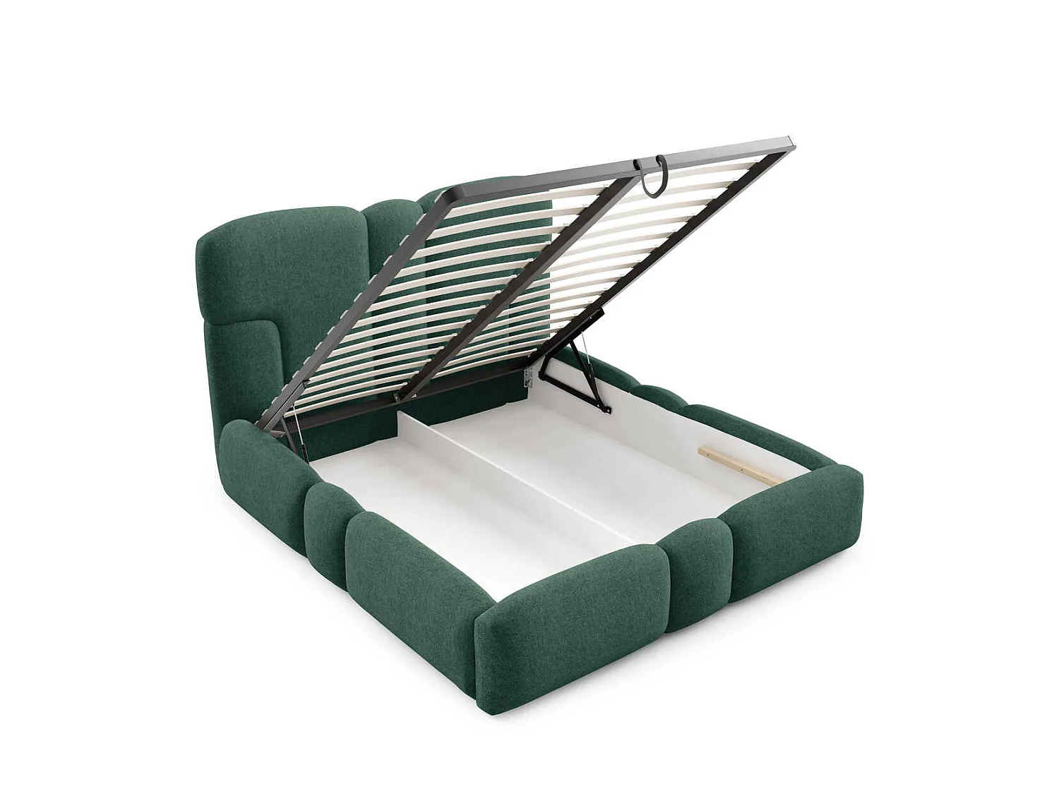 Lit rembourré 200x200 cm Safron avec LED, coffre de rangement et sommier métallique, lit double, tissu chenille, Vert