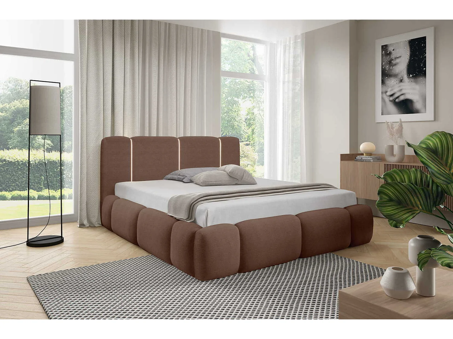 Gestoffeerd wolkenbed 200x200 cm Avelin met LED, metalen bedframe en opbergruimte, Bruin