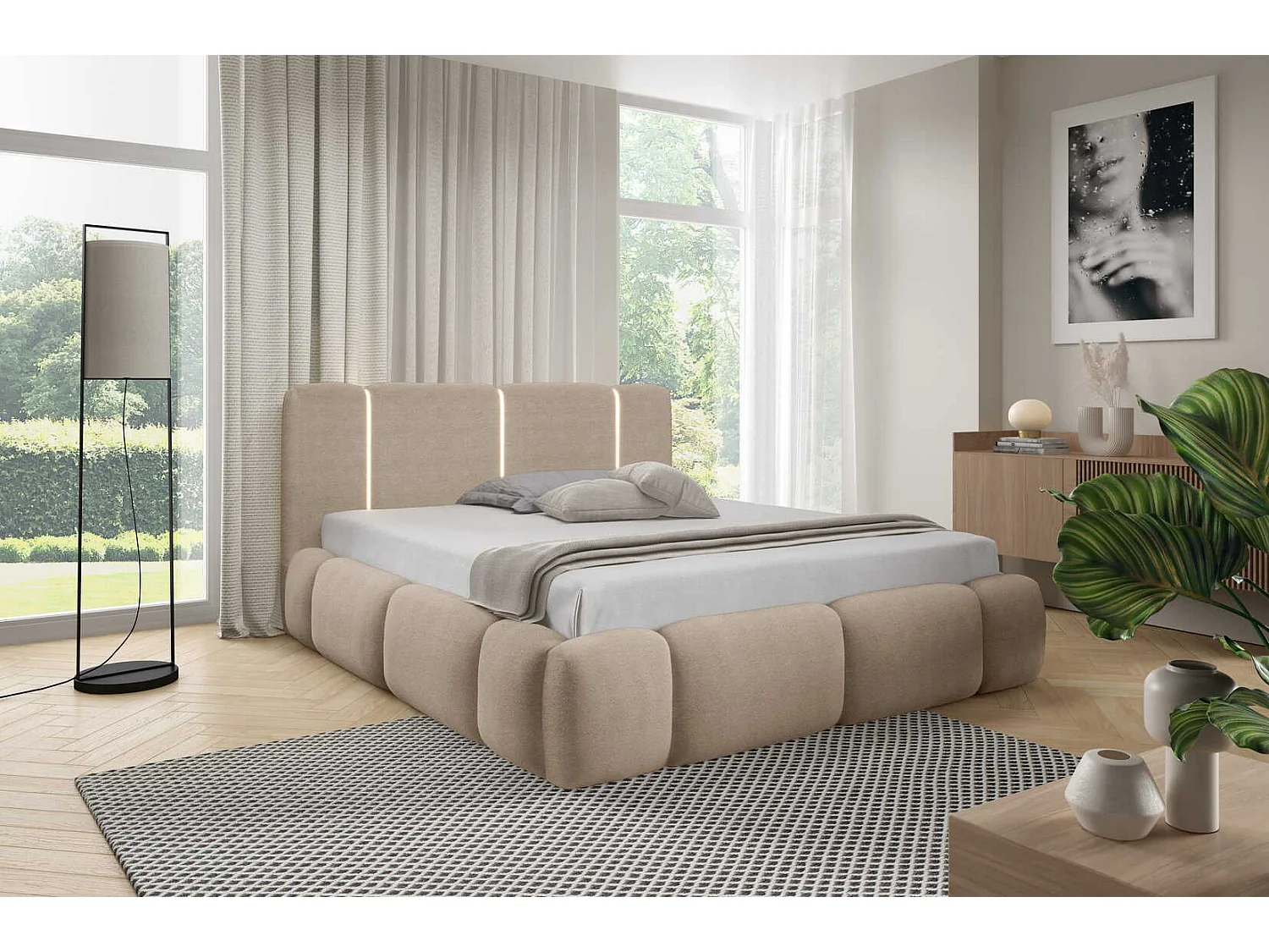 Gestoffeerd wolkenbed 200x200 cm Avelin met LED, metalen bedframe en opbergruimte, Beige