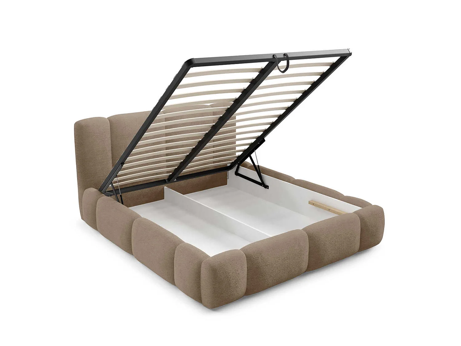 Gestoffeerd wolkenbed 200x200 cm Avelin met LED, metalen bedframe en opbergruimte, Beige