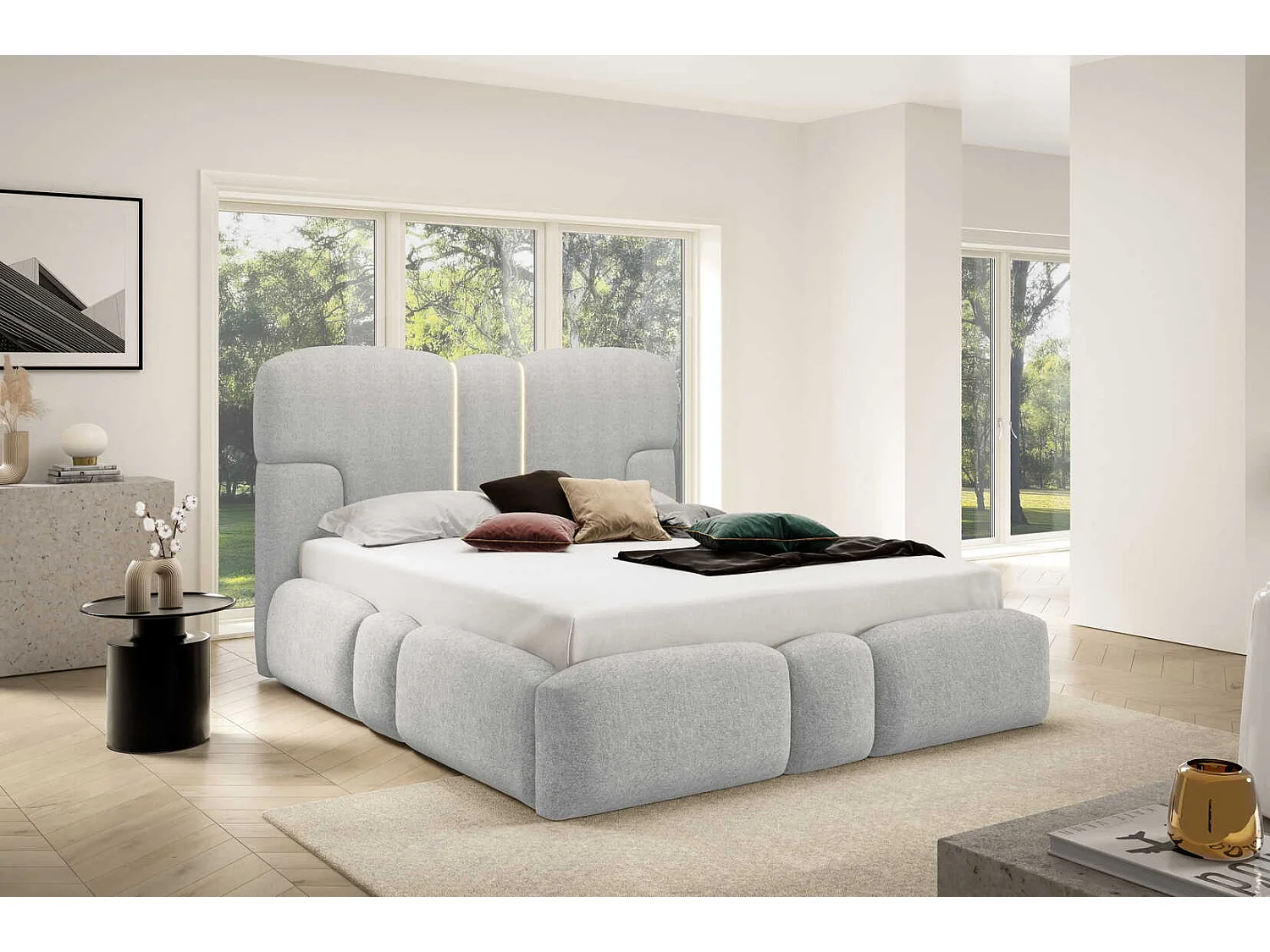 Gestoffeerd bed 200x200 cm Safron met LED, opbergruimte en metalen bedframe, tweepersoonsbed, chenille, Lichtgrijs