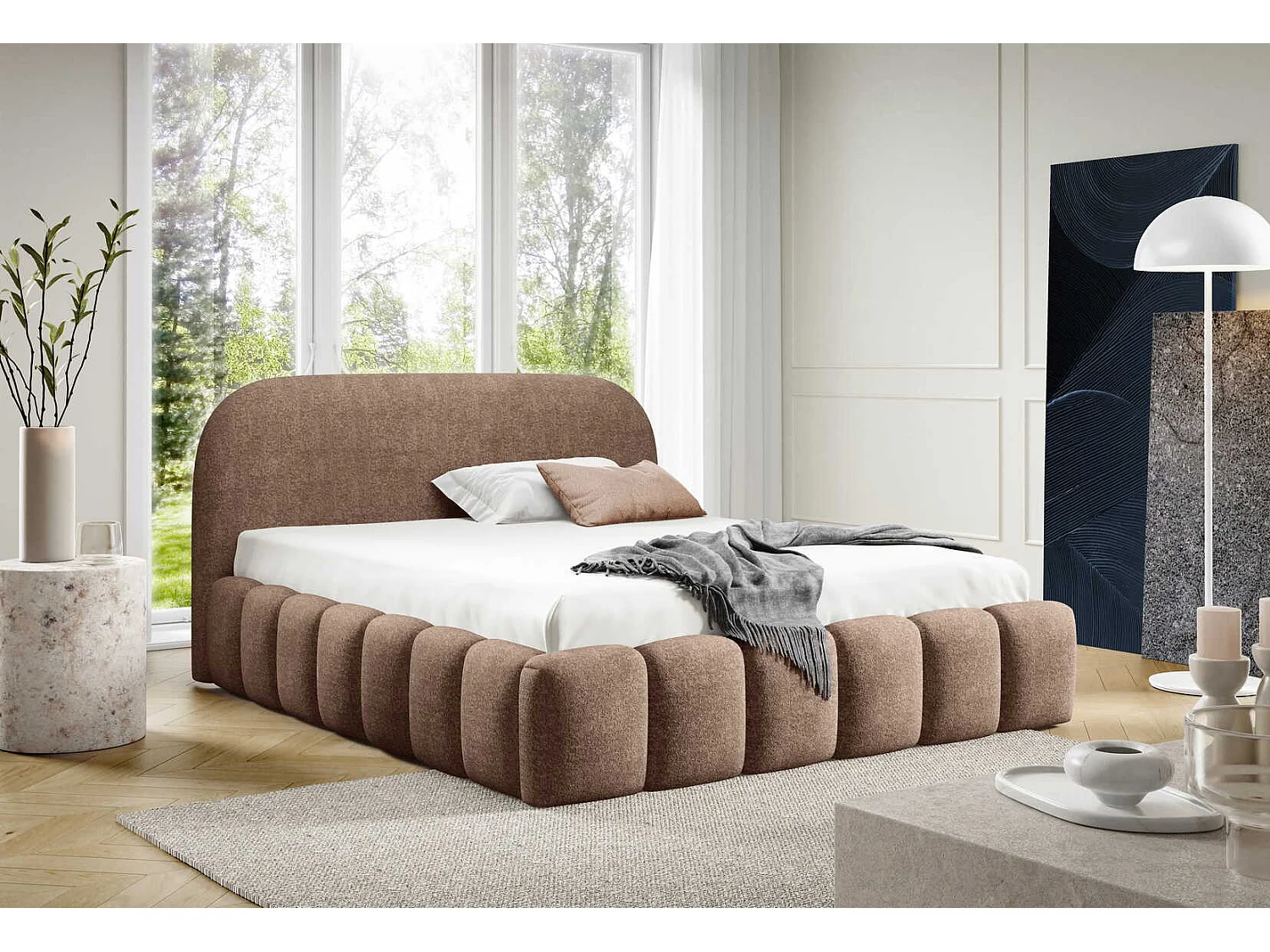 Tweepersoonsbed 160x200 cm Noemi met metalen bedframe, afgerond hoofdbord en opbergruimte, Bruin