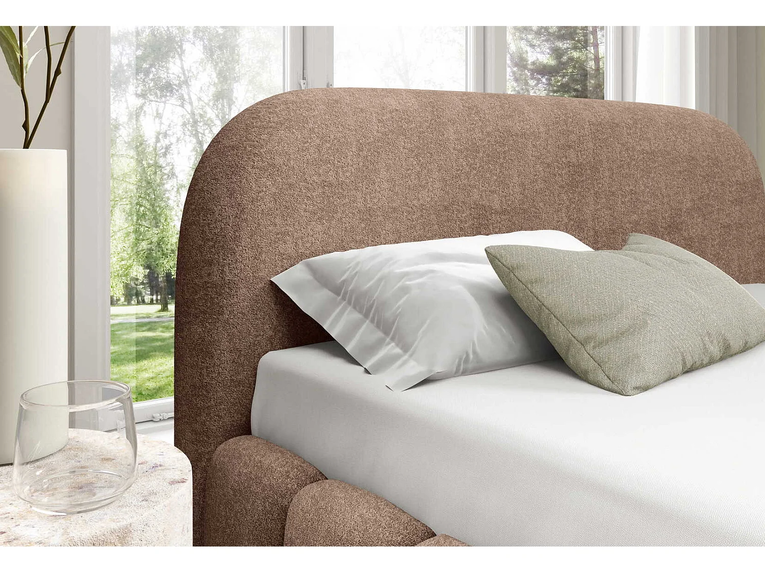 Tweepersoonsbed 160x200 cm Noemi met metalen bedframe, afgerond hoofdbord en opbergruimte, Bruin