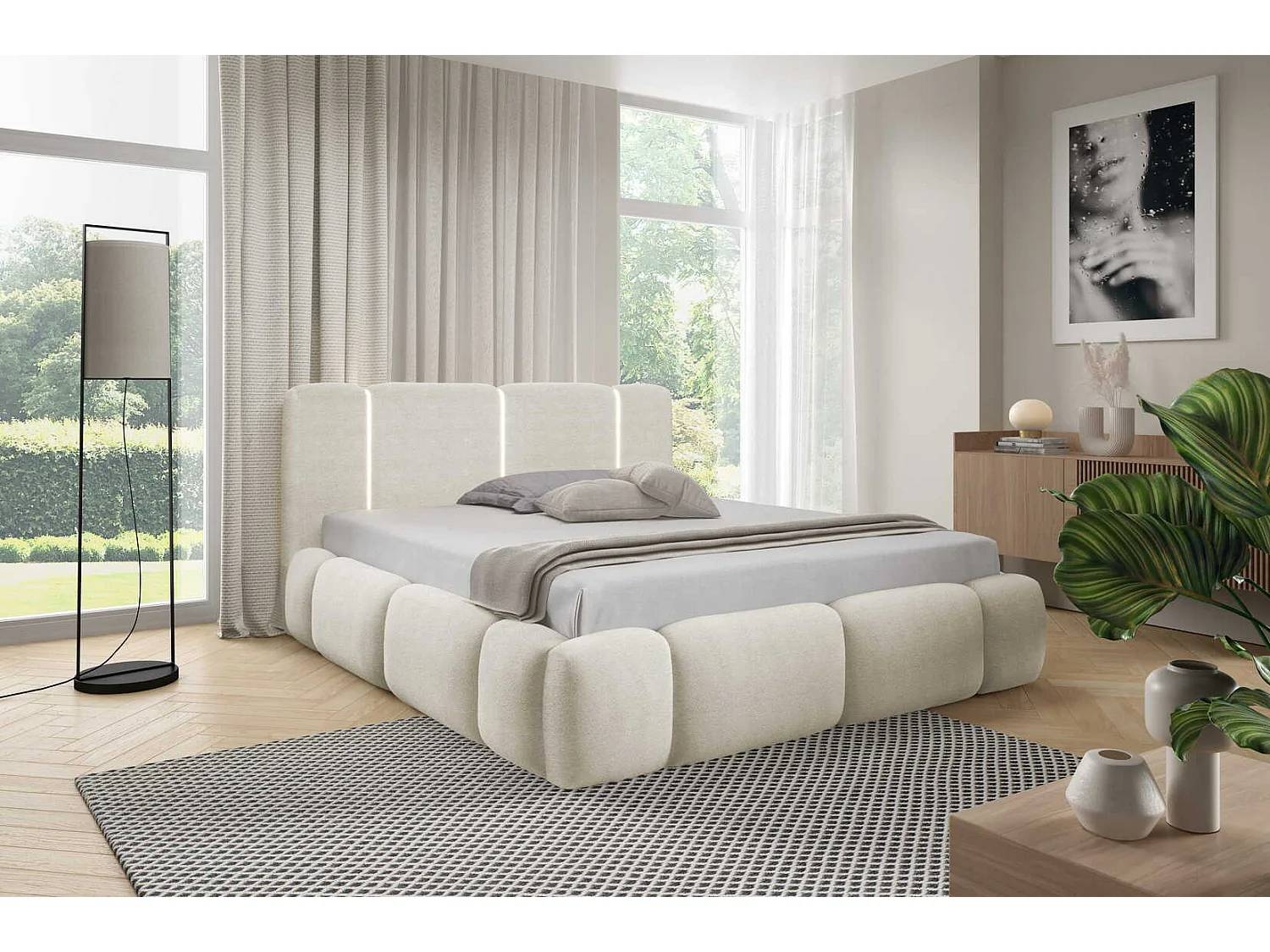 Gestoffeerd wolkenbed 180x200 cm Avelin met LED, metalen bedframe en opbergruimte, Crème
