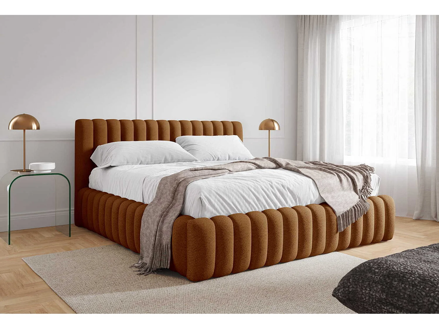 Gestoffeerd bed 160x200 cm in bouclé stof, opbergruimte, metalen bedframe, modern design, Oranje
