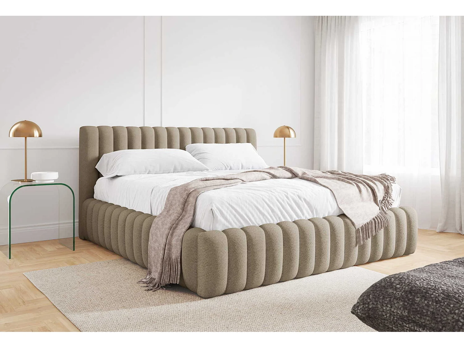 Gestoffeerd bed 200x200 cm in bouclé stof, opbergruimte, metalen bedframe, modern design, Beige