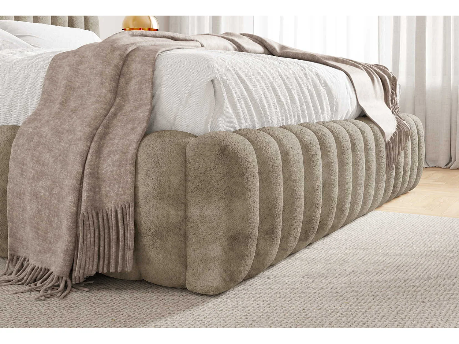 Gestoffeerd bed 200x200 cm in bouclé stof, opbergruimte, metalen bedframe, modern design, Beige