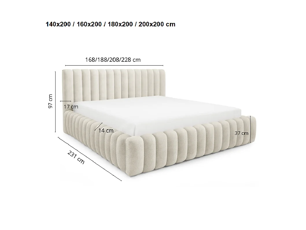 Gestoffeerd bed 200x200 cm in bouclé stof, opbergruimte, metalen bedframe, modern design, Beige