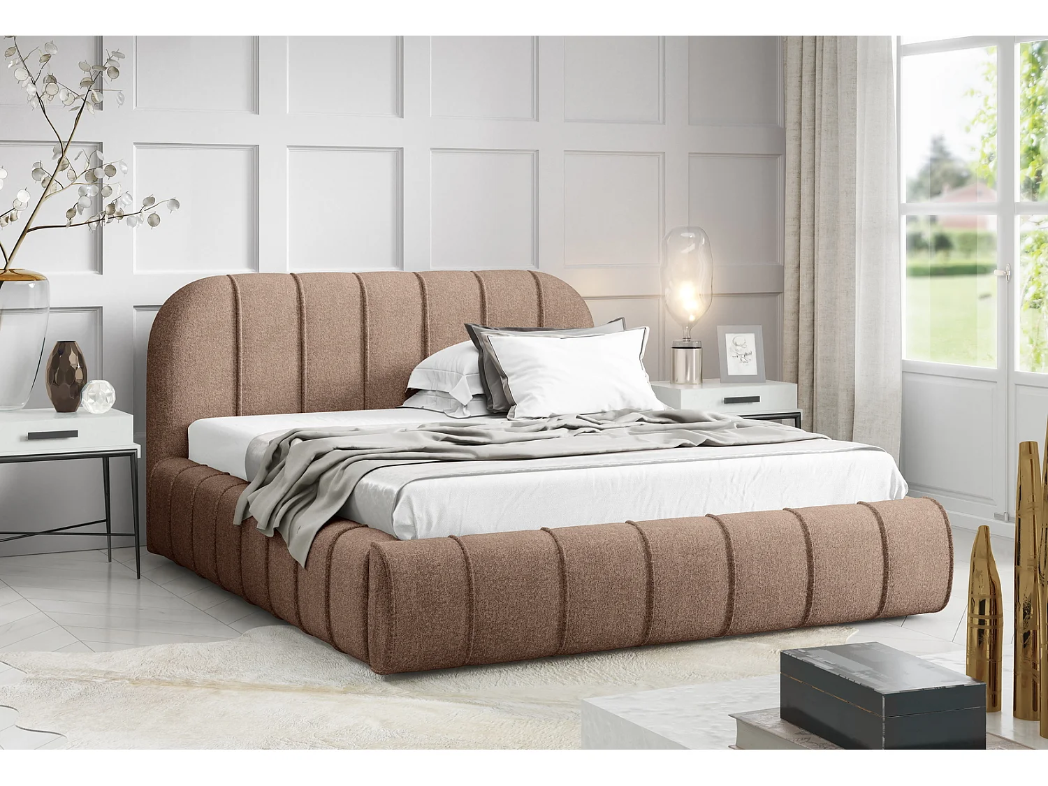 Lit moderne 200x200 cm Lunea avec tête de lit arrondie, mousse épaisse et sommier métallique, Marron