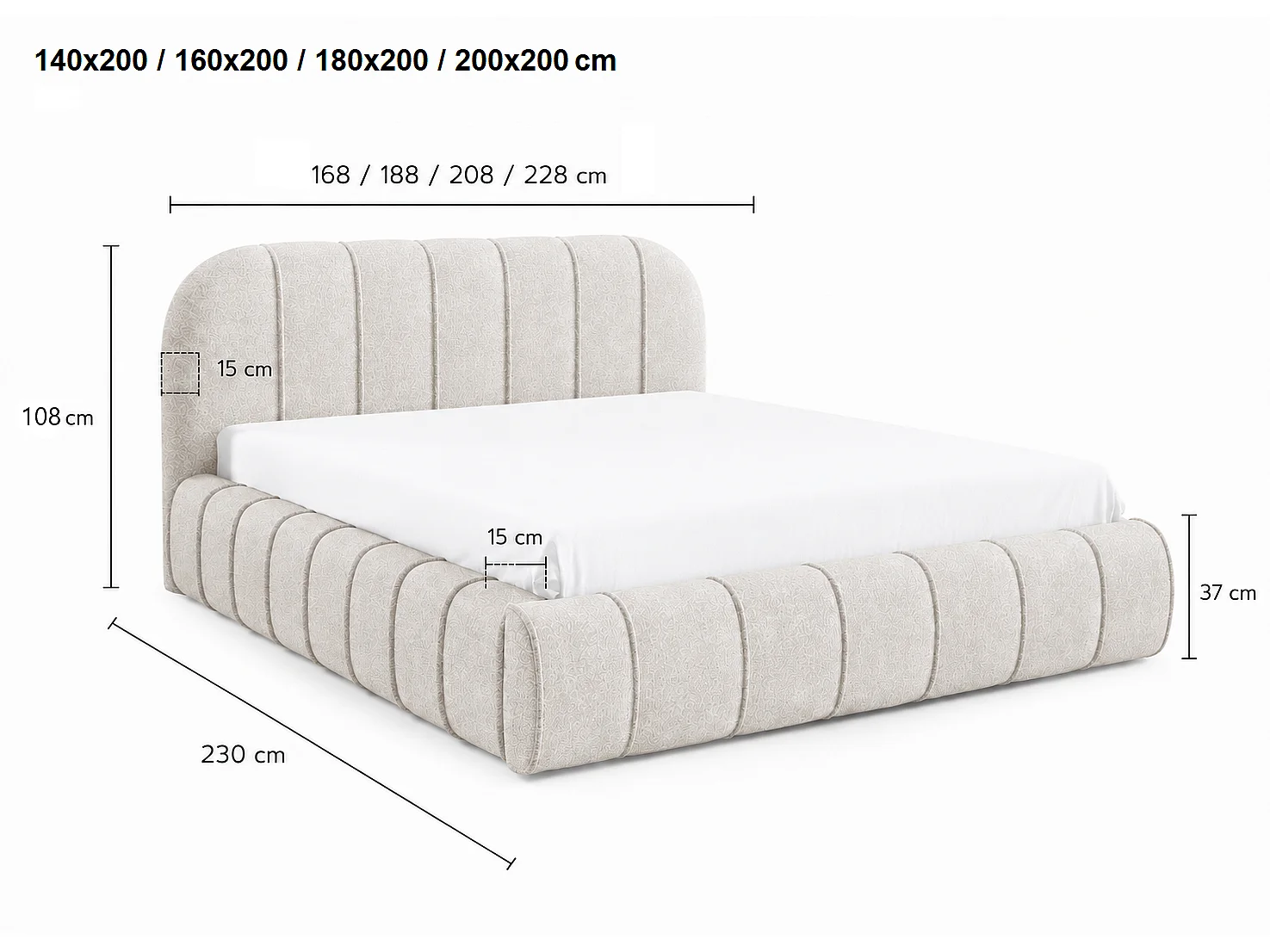 Lit moderne 200x200 cm Lunea avec tête de lit arrondie, mousse épaisse et sommier métallique, Marron