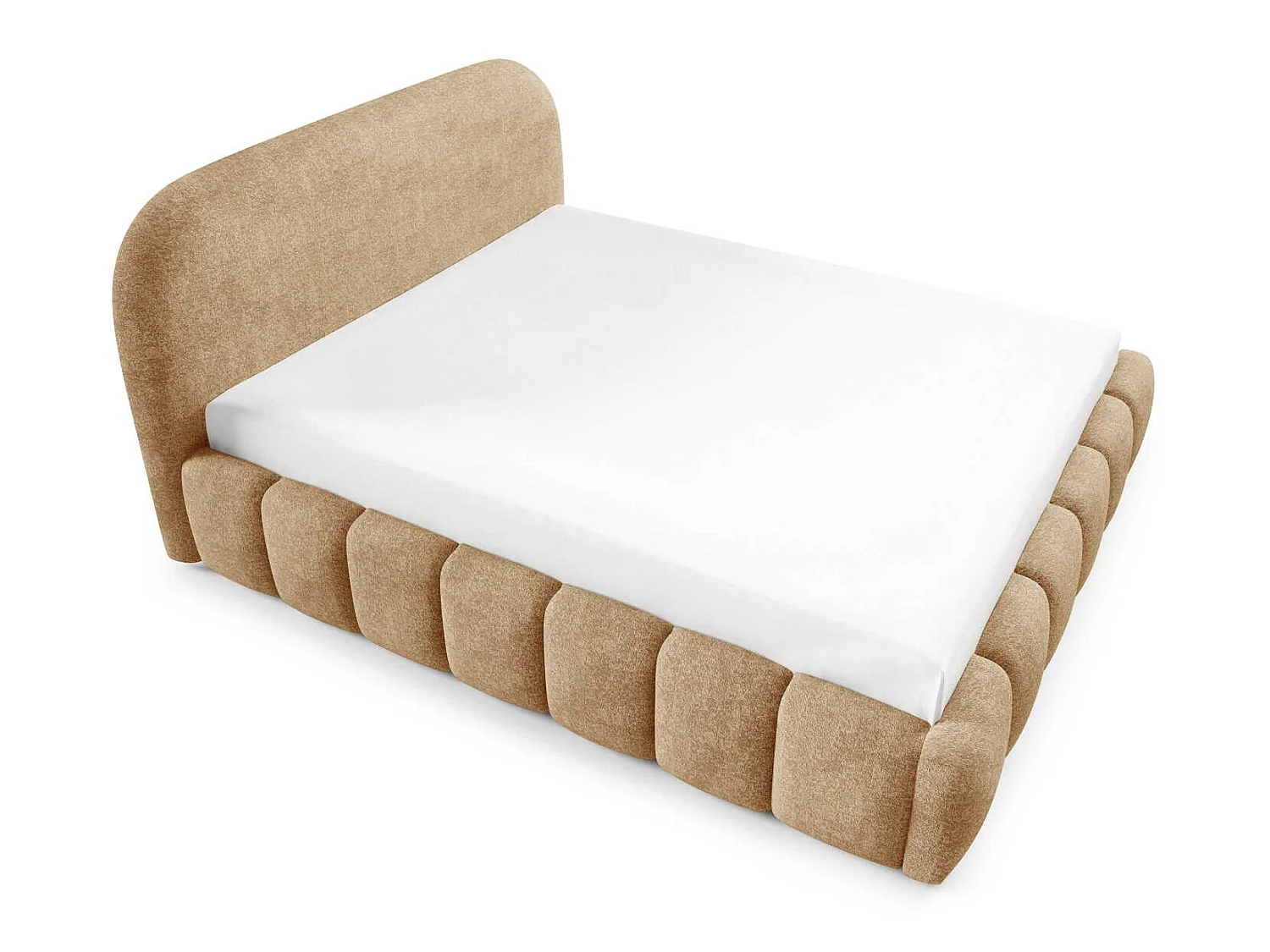Tweepersoonsbed 160x200 cm Noemi met metalen bedframe, afgerond hoofdbord en opbergruimte, Beige