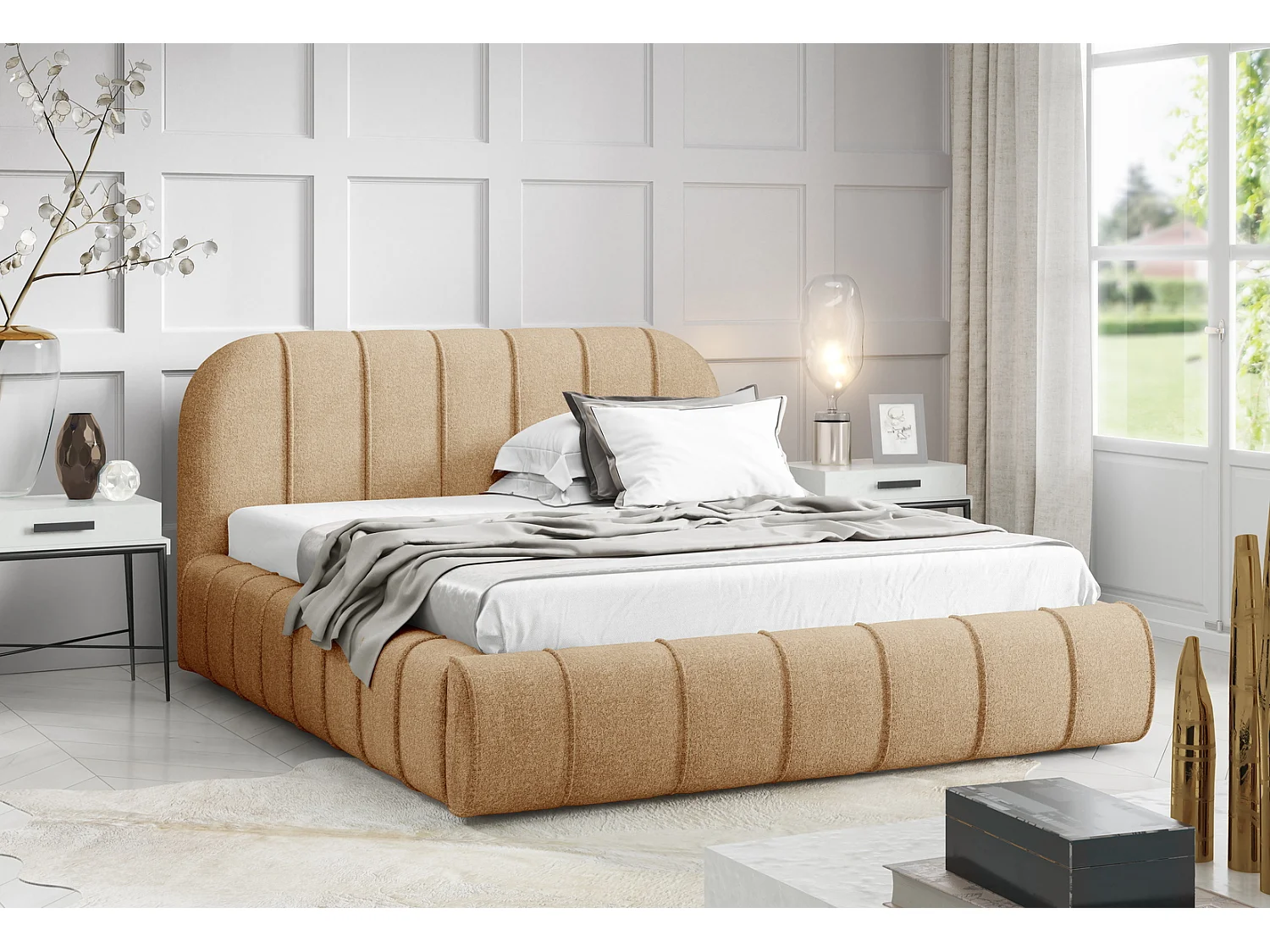 Lit moderne 180x200 cm Lunea avec tête de lit arrondie, mousse épaisse et sommier métallique, Beige