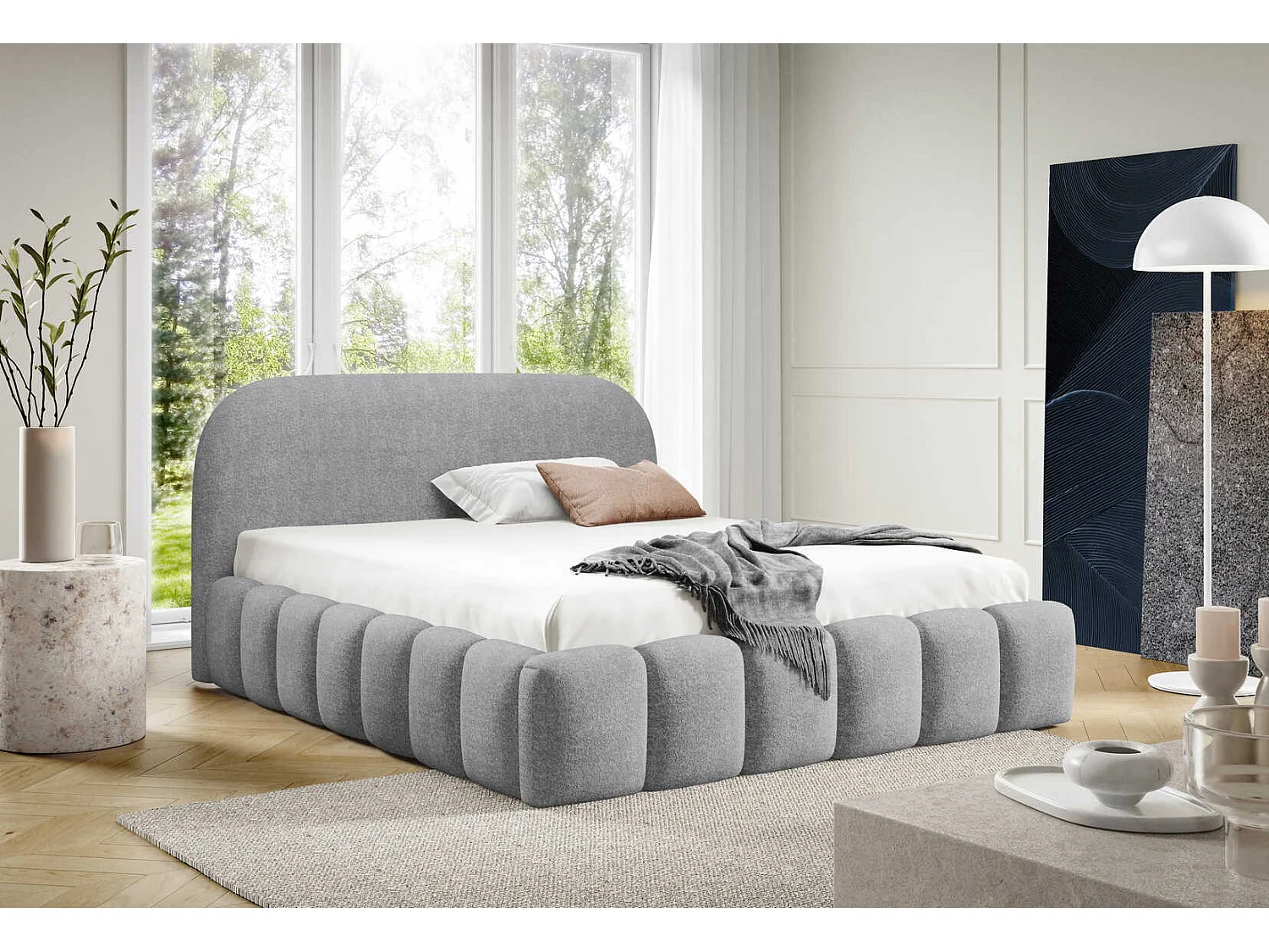 Lit double 200x200 cm Noemi avec sommier métallique, tête de lit arrondie et coffre de rangement, Gris clair