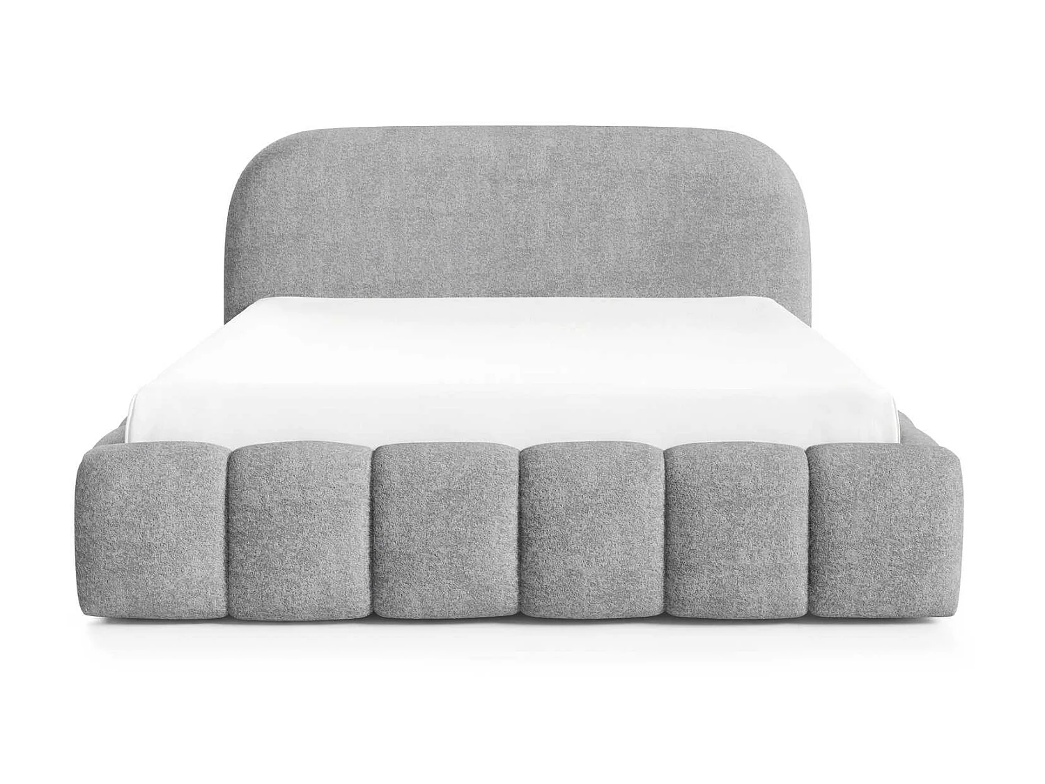Lit double 200x200 cm Noemi avec sommier métallique, tête de lit arrondie et coffre de rangement, Gris clair
