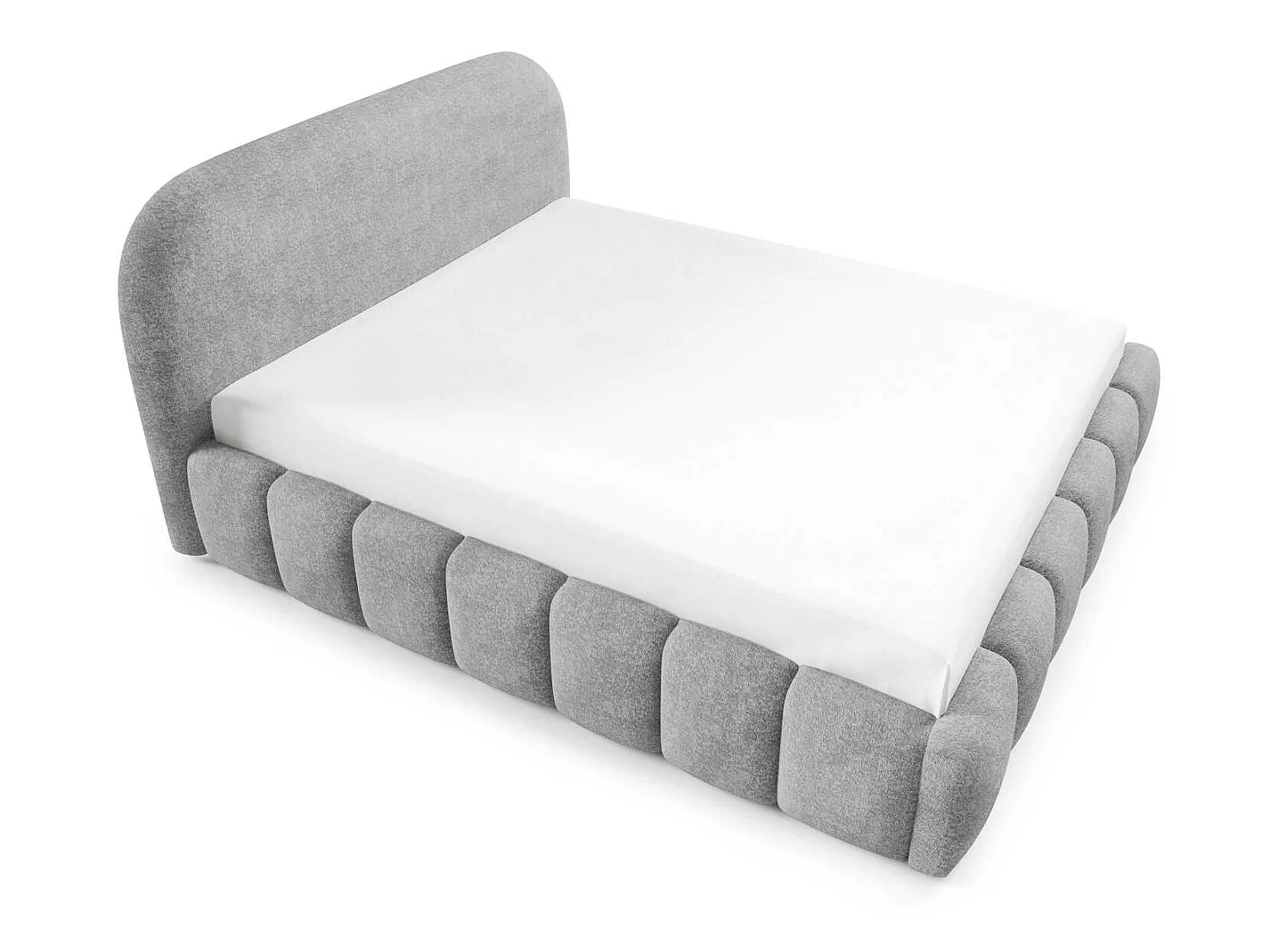 Lit double 200x200 cm Noemi avec sommier métallique, tête de lit arrondie et coffre de rangement, Gris clair
