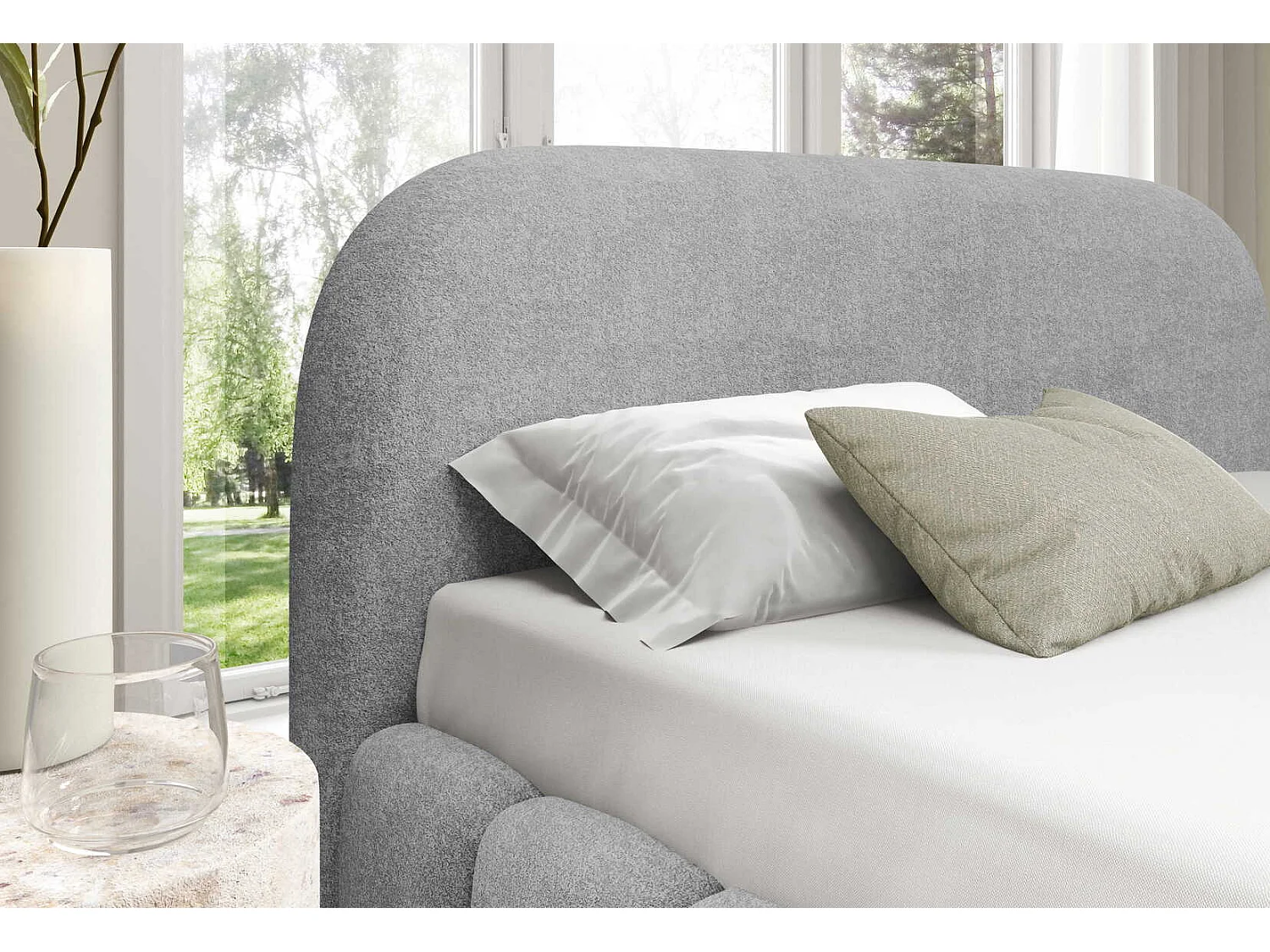 Lit double 200x200 cm Noemi avec sommier métallique, tête de lit arrondie et coffre de rangement, Gris clair