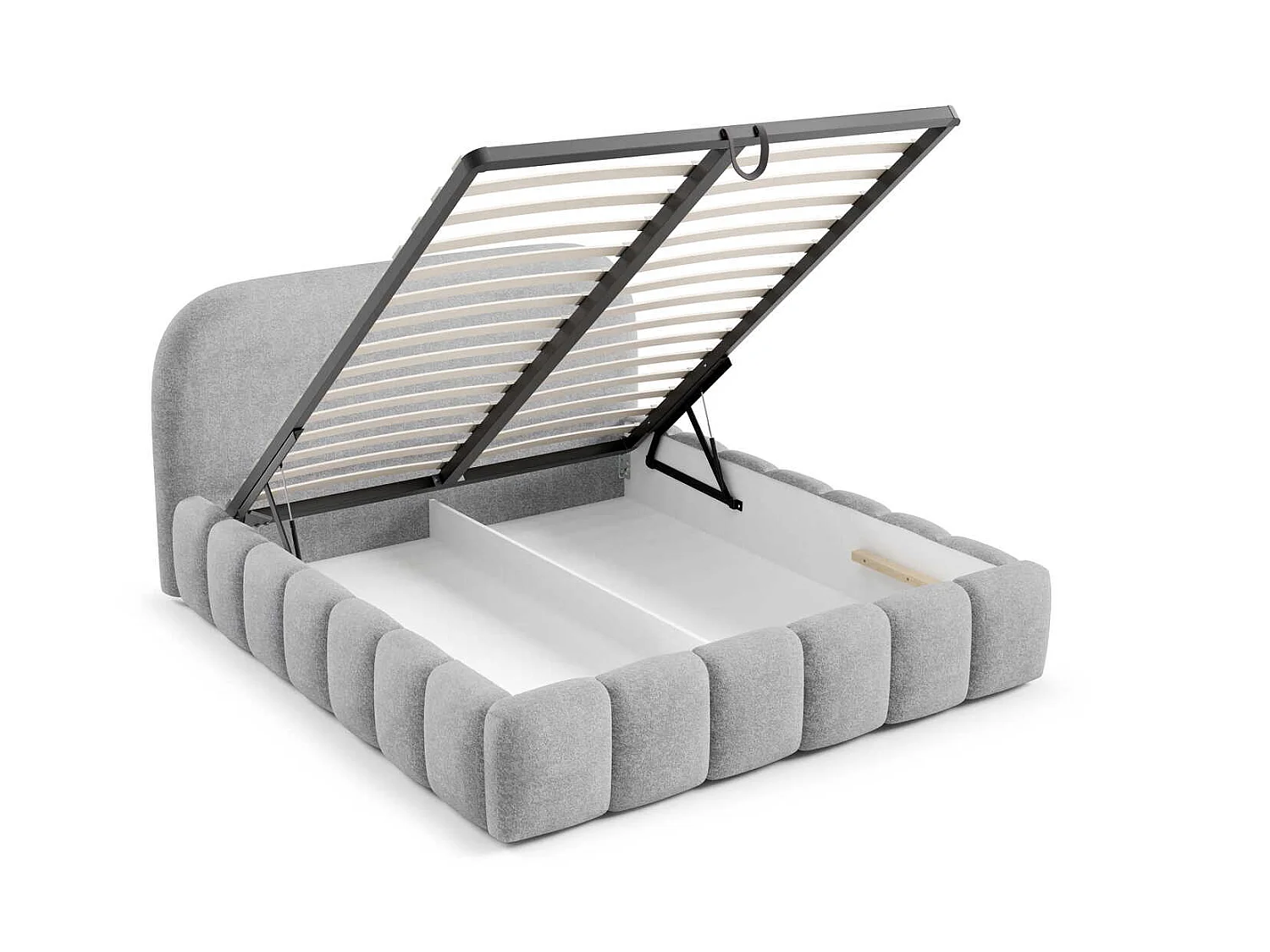 Lit double 200x200 cm Noemi avec sommier métallique, tête de lit arrondie et coffre de rangement, Gris clair