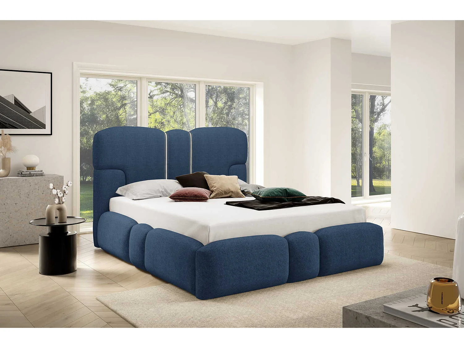 Lit rembourré 200x200 cm Safron avec LED, coffre de rangement et sommier métallique, lit double, tissu chenille, Bleu marine