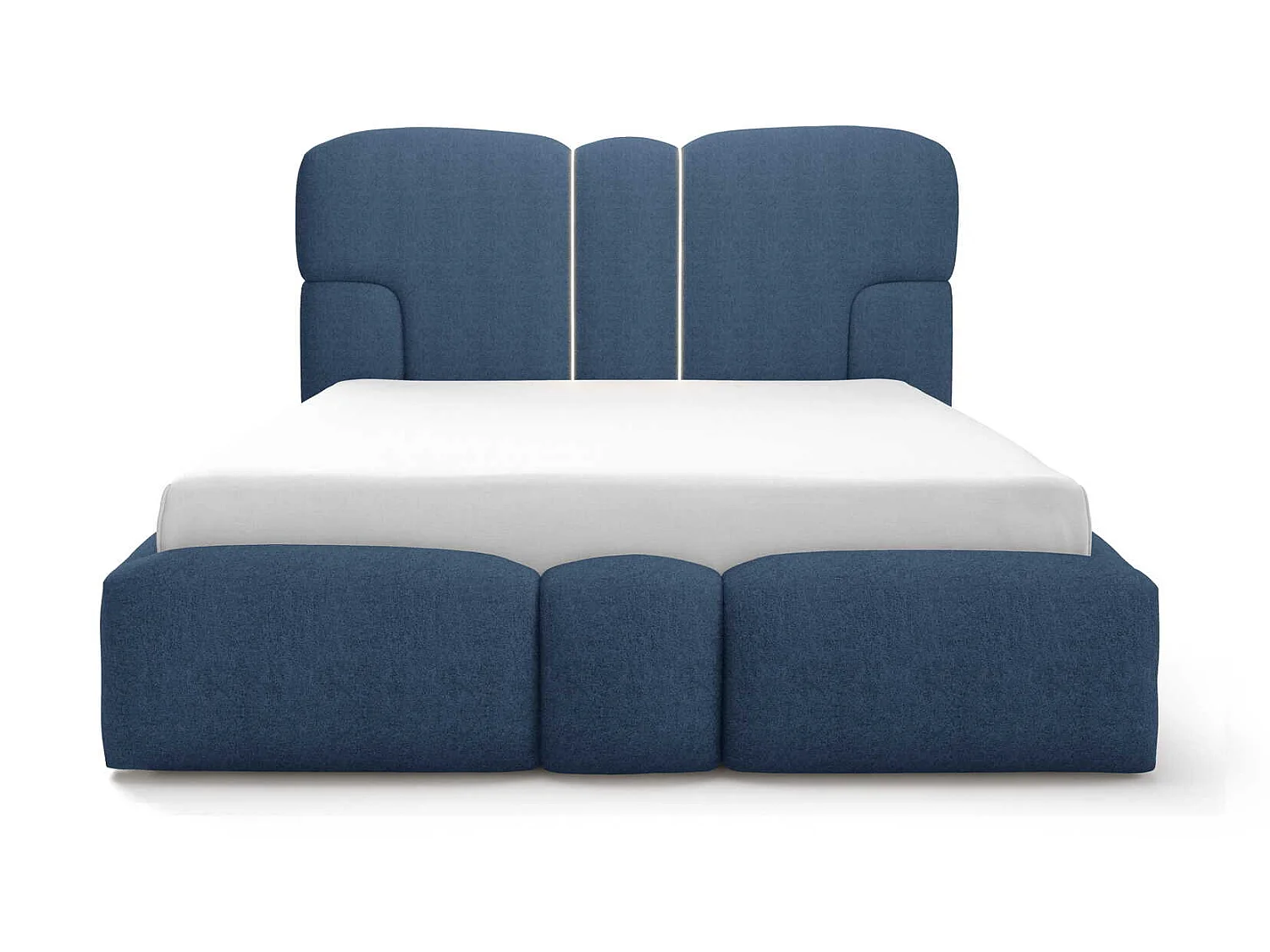 Lit rembourré 200x200 cm Safron avec LED, coffre de rangement et sommier métallique, lit double, tissu chenille, Bleu marine