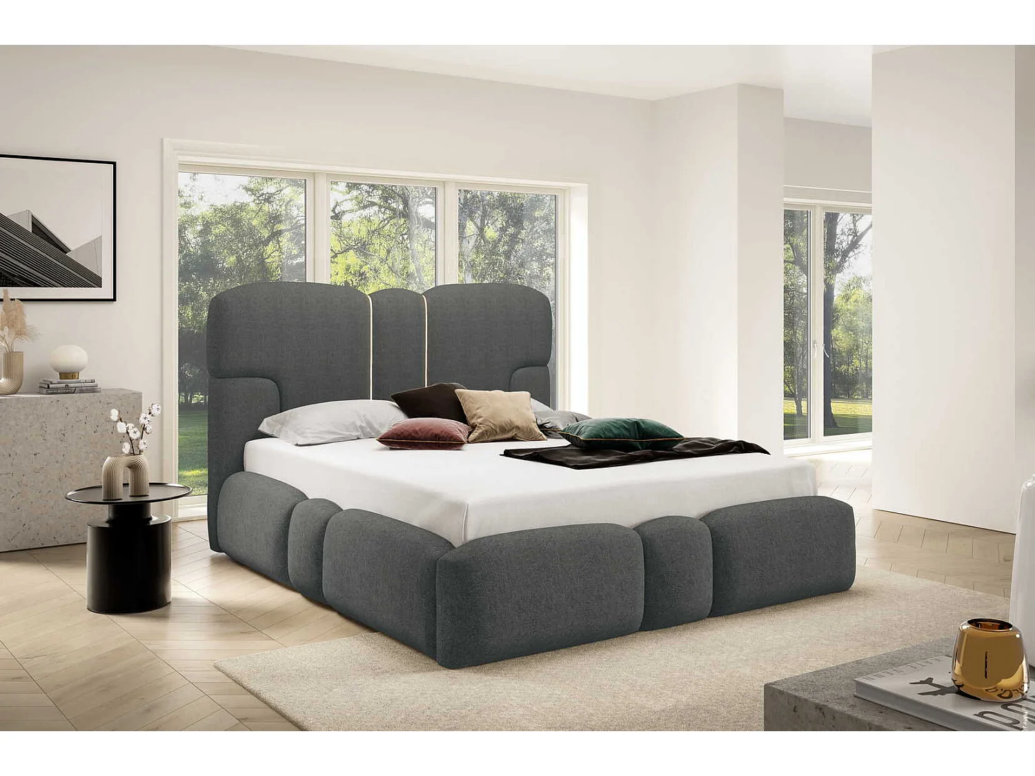 Gestoffeerd bed 200x200 cm Safron met LED, opbergruimte en metalen bedframe, tweepersoonsbed, chenille, Donkergrijs