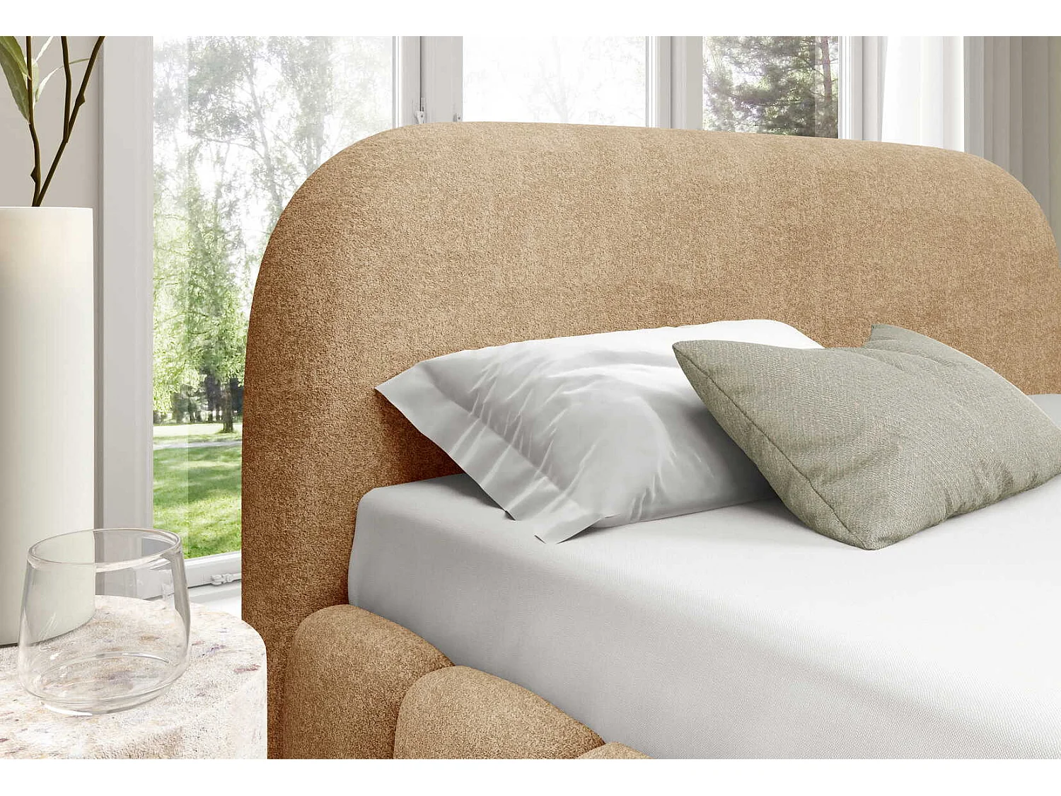 Tweepersoonsbed 180x200 cm Noemi met metalen bedframe, afgerond hoofdbord en opbergruimte, Beige