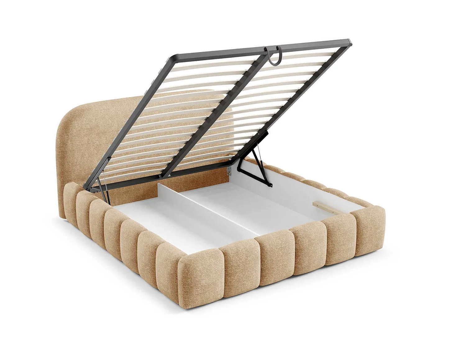 Tweepersoonsbed 180x200 cm Noemi met metalen bedframe, afgerond hoofdbord en opbergruimte, Beige