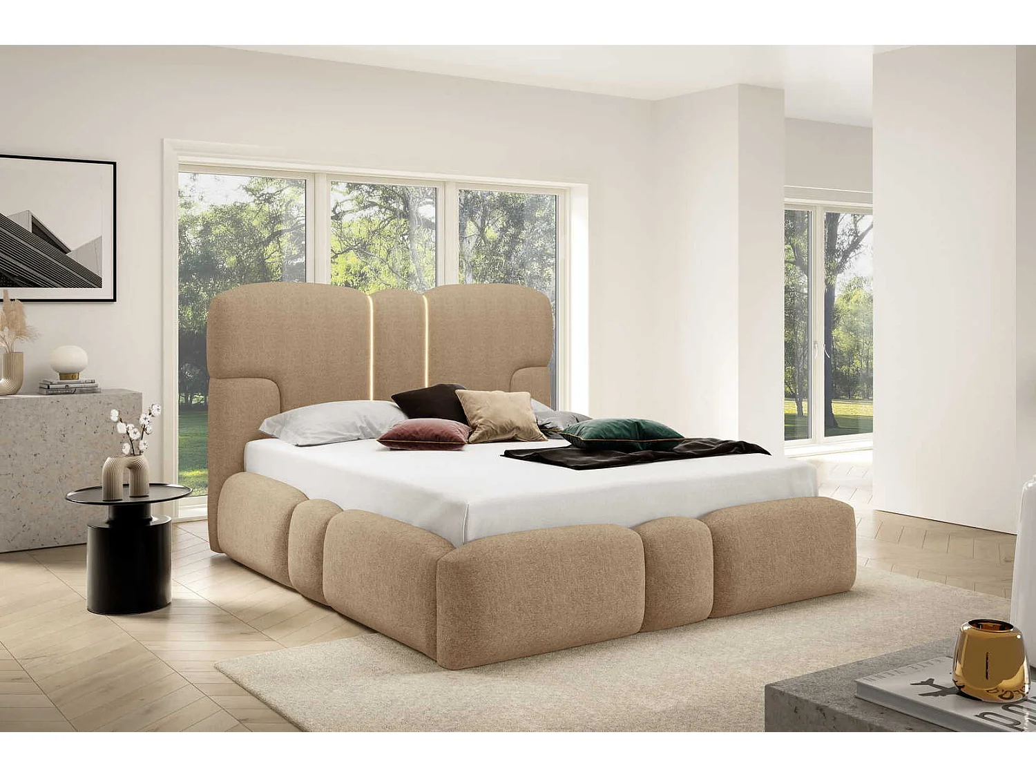 Gestoffeerd bed 160x200 cm Safron met LED, opbergruimte en metalen bedframe, tweepersoonsbed, chenille, Bruin